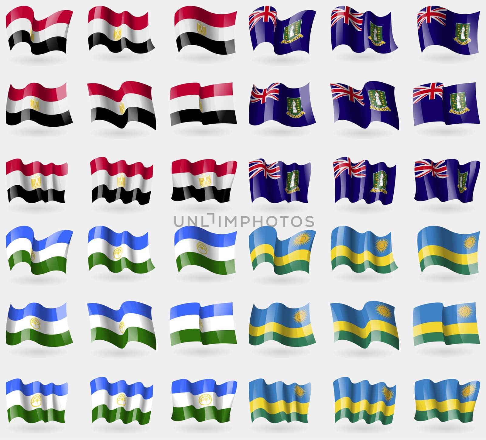 Egypt, VirginIslandsUK, Bashkortostan, Rwanda. Set of 36 flags of the countries of the world. illustration