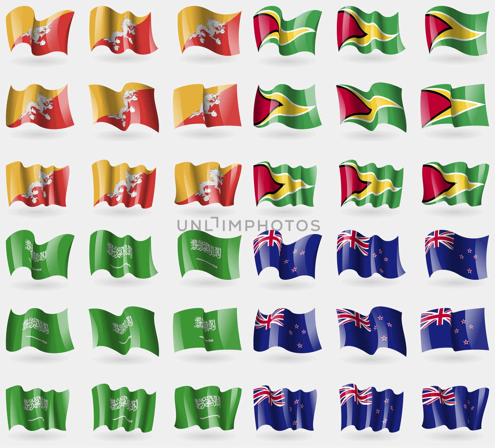 Bhutan, Guyana, Saudi Arabia, New Zeland. Set of 36 flags of the countries of the world. illustration