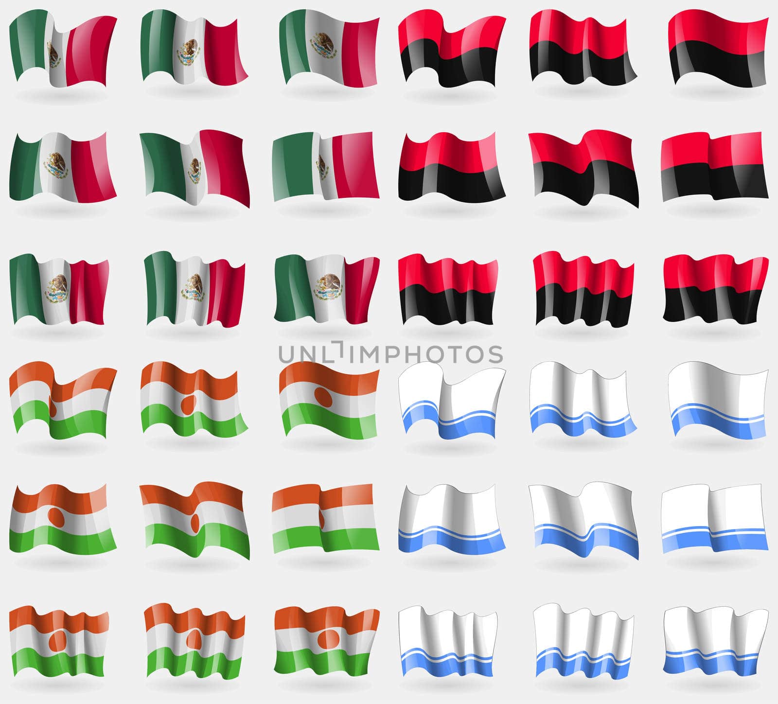 Mexico, UPA, Niger, Altai Republic. Set of 36 flags of the countries of the world. illustration