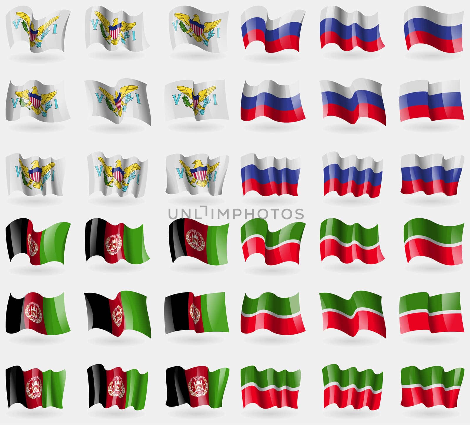 VirginIslandsUS, Russia, Afghanistan, Tatarstan. Set of 36 flags of the countries of the world. illustration