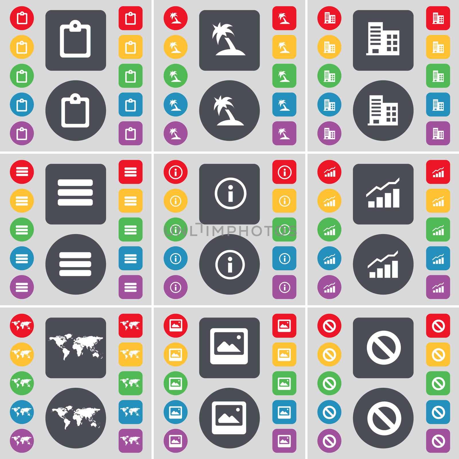 Survey, Palm, Building, Apps, Information, Graph, Globe, Window, Stop icon symbol. A large set of flat, colored buttons for your design. illustration