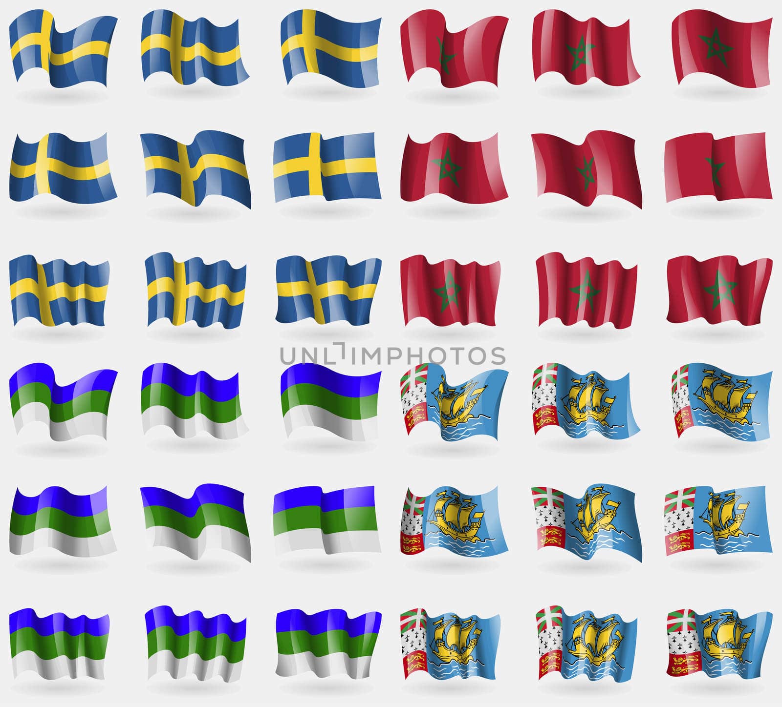 Sweden, Morocco, Komi, Saint Pierre and Miquelon. Set of 36 flags of the countries of the world.  by serhii_lohvyniuk