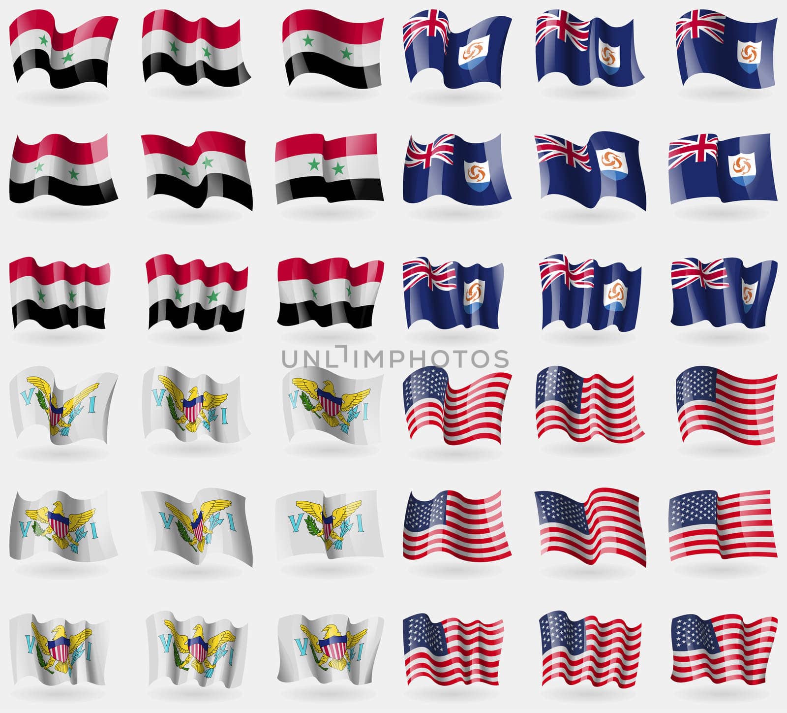 Syria, Anguilla, VirginIslandsUS, USA. Set of 36 flags of the countries of the world. illustration