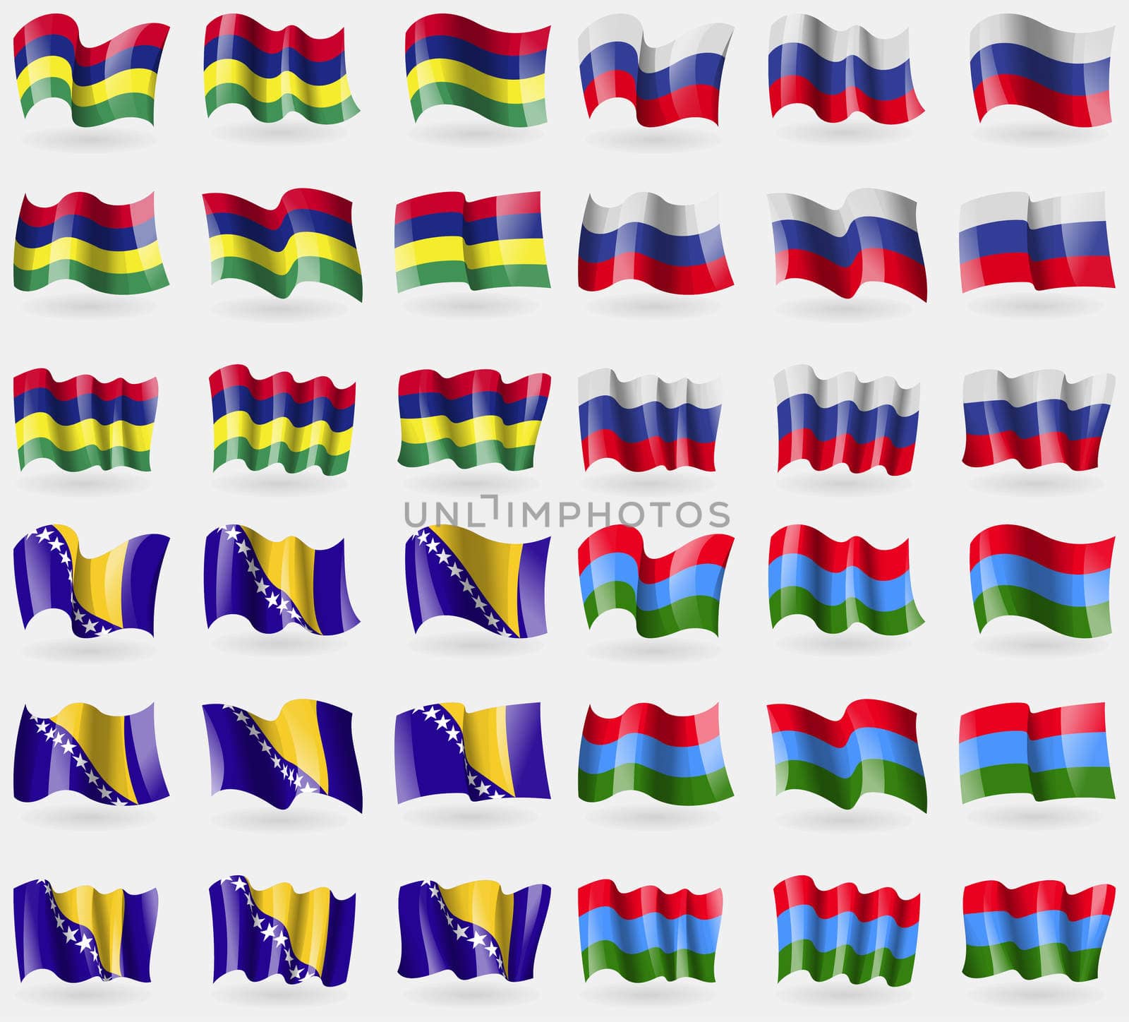 Mauritius, Russia, Bosnia and Herzegovina, Karelia. Set of 36 flags of the countries of the world.  by serhii_lohvyniuk