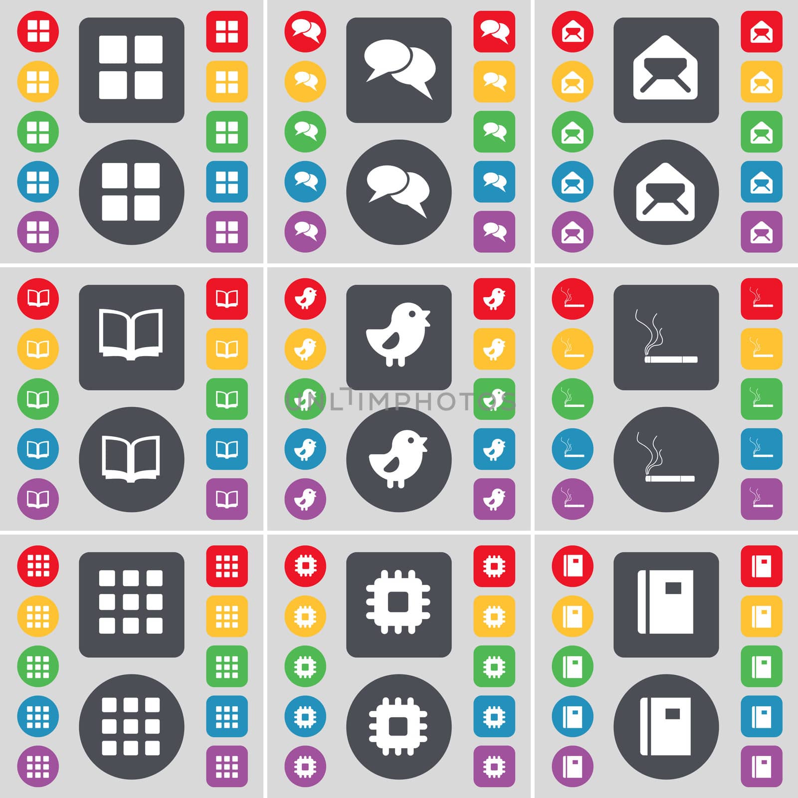 Apps, Chat, Message, Book, Bird, Cigarette, Apps, Processor, Notebook icon symbol. A large set of flat, colored buttons for your design. illustration