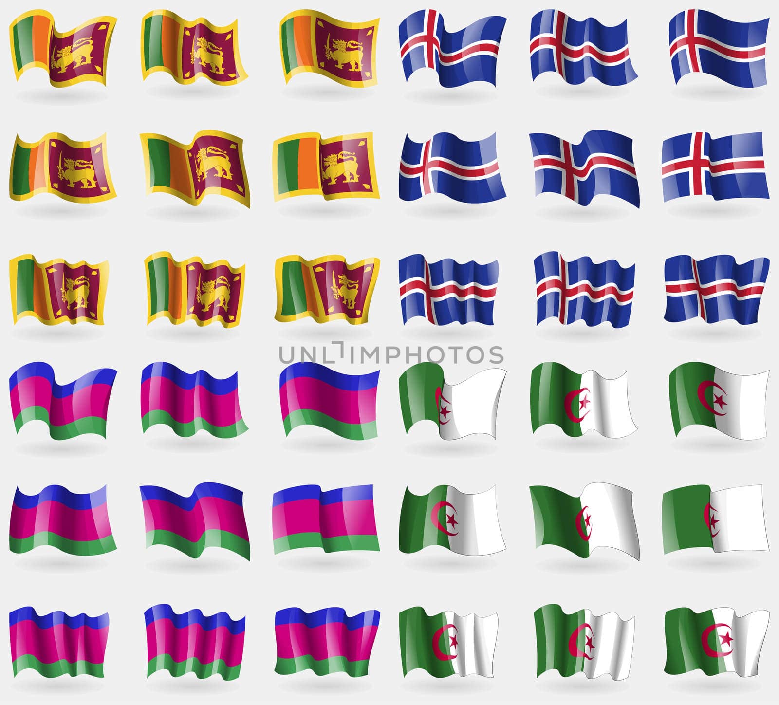 Sri Lanka, Iceland, Kuban Republic, Algeria. Set of 36 flags of the countries of the world. illustration