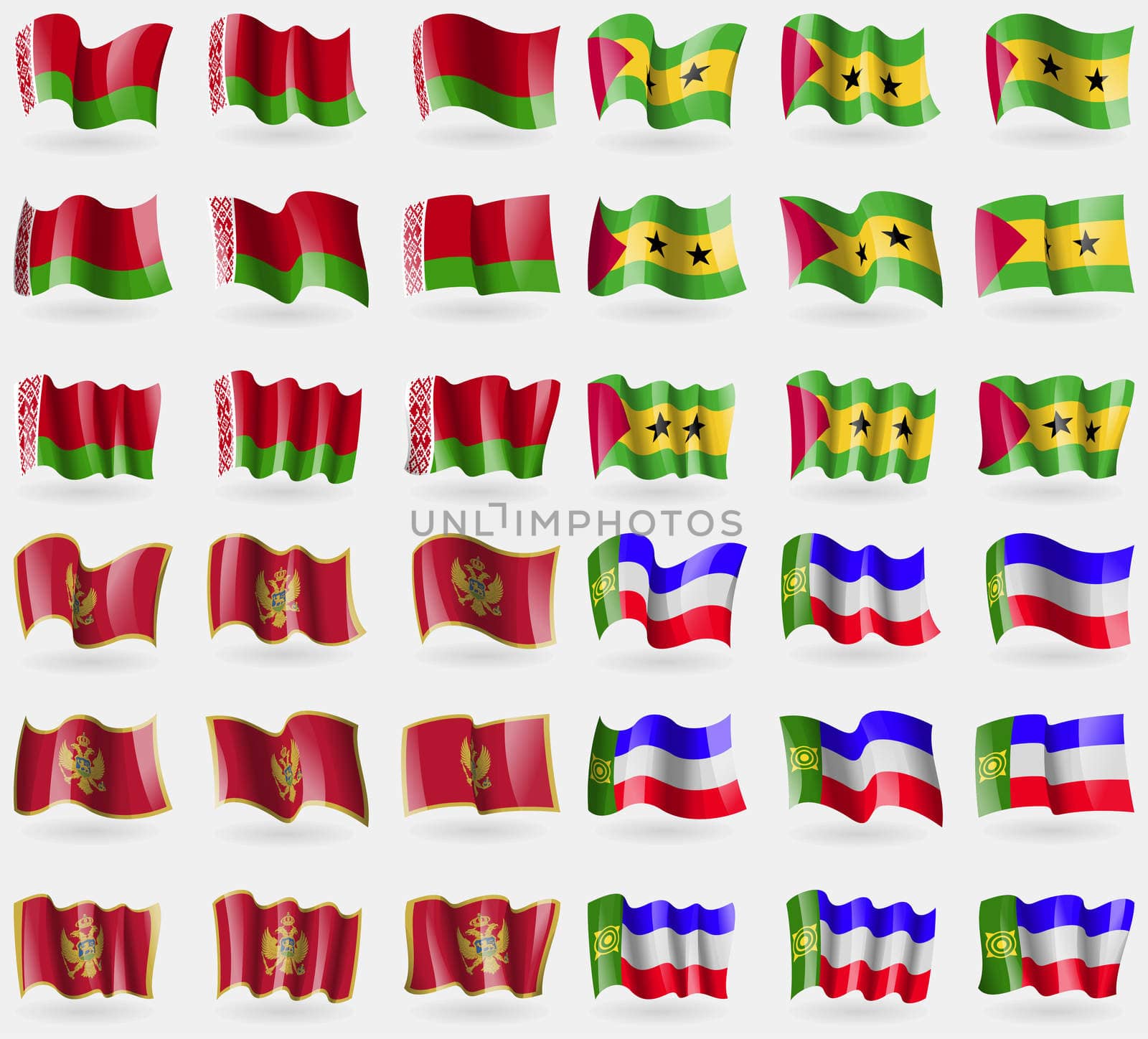 Belarus, Sao Tome and Principe, Montenegro, Khakassia. Set of 36 flags of the countries of the world. illustration