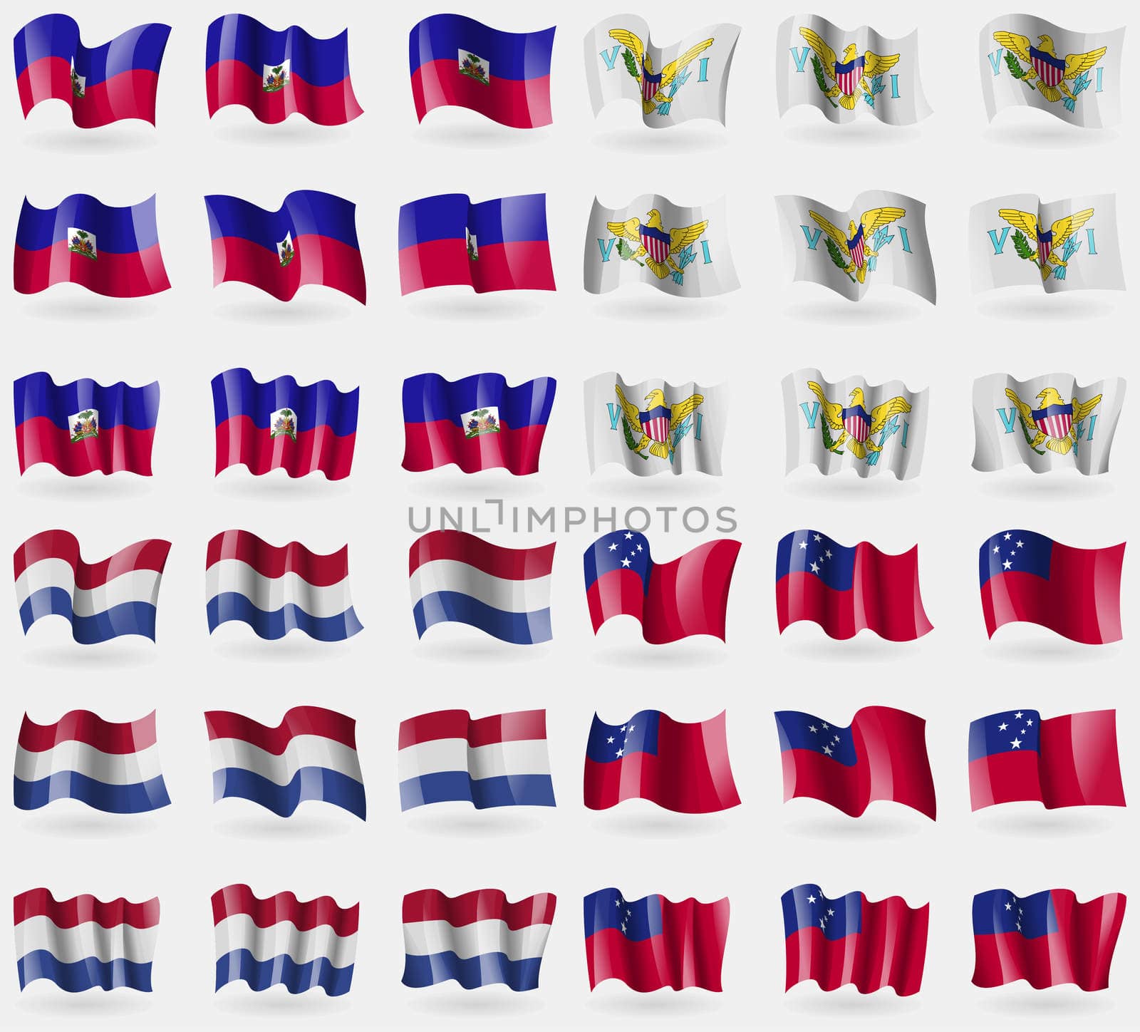 Haiti, VirginIslandsUS, Netherlands, Samoa. Set of 36 flags of the countries of the world.  by serhii_lohvyniuk