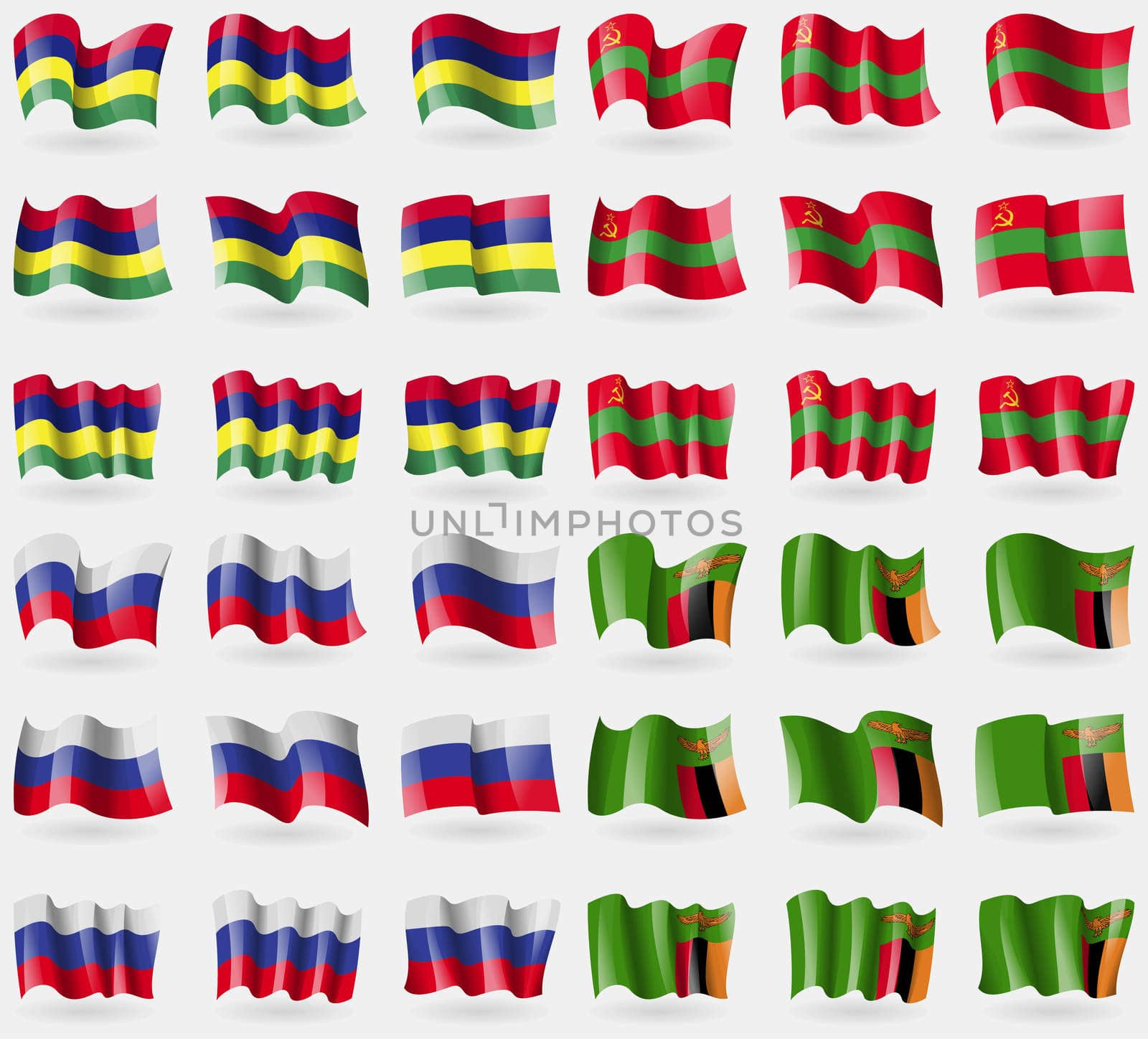 Mauritius, Transnistria, Russia, Zambia. Set of 36 flags of the countries of the world.  by serhii_lohvyniuk