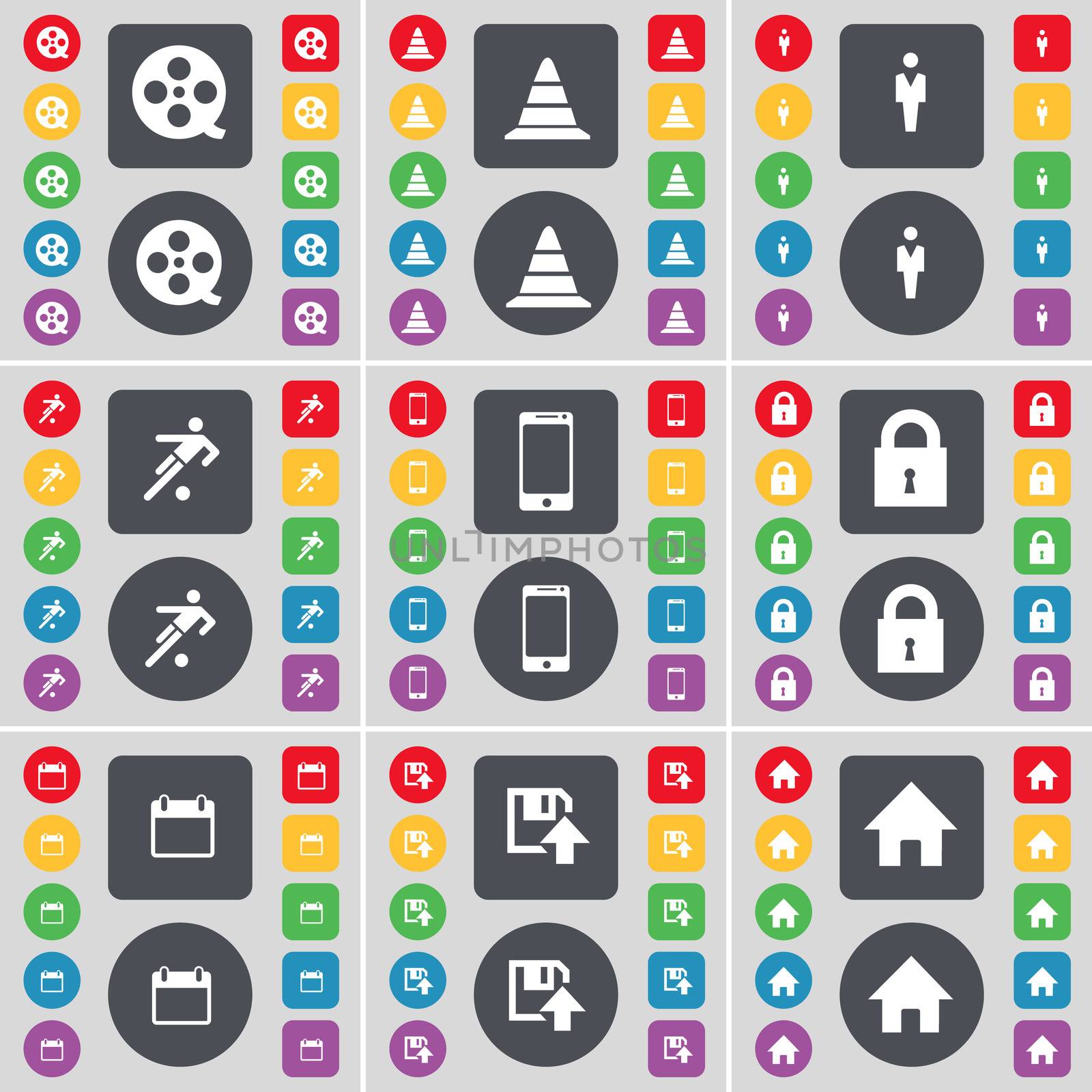 Videotape, Cone, Silhouette, Football, Smartphone, Lock, Calendar, Floppy, House icon symbol. A large set of flat, colored buttons for your design. illustration