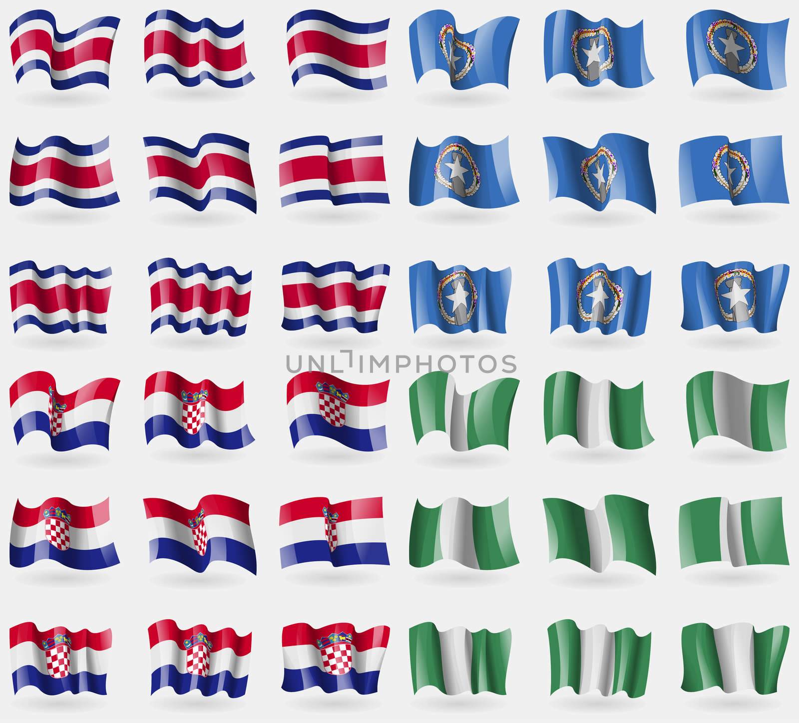 Costa Rica, Marianna Islands, Croatia, Nigeria. Set of 36 flags of the countries of the world. illustration