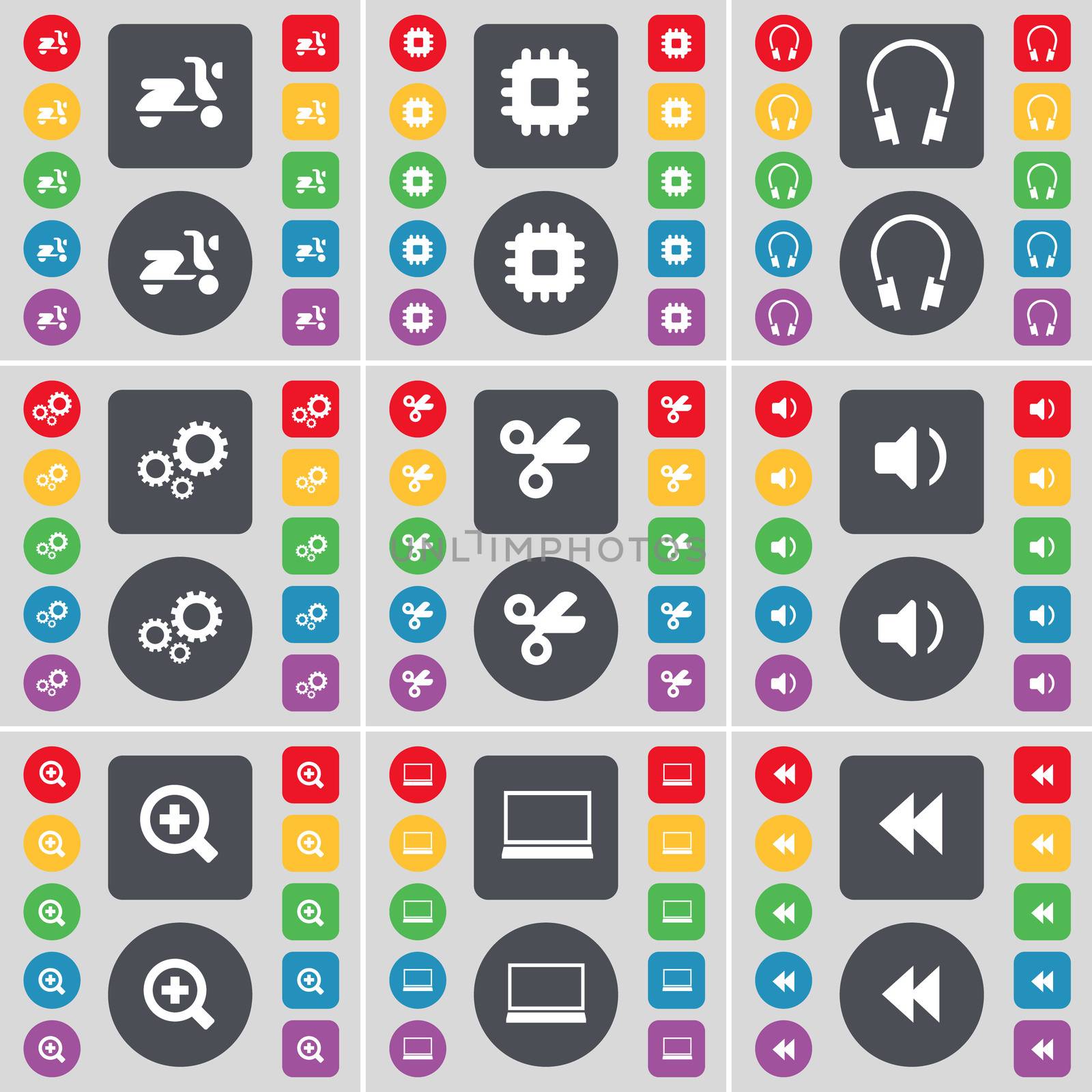 Scooter, Processor, Headphones, Gears, Scissors, Sound, Plus, Laptop, Rewind icon symbol. A large set of flat, colored buttons for your design. illustration