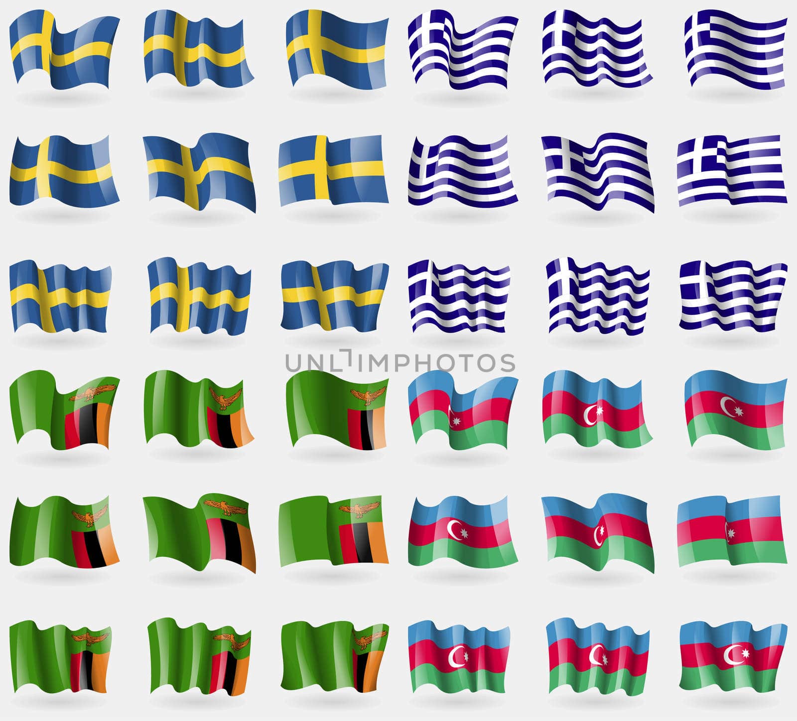Sweden, Greece, Zambia, Azerbaijan. Set of 36 flags of the countries of the world.  by serhii_lohvyniuk