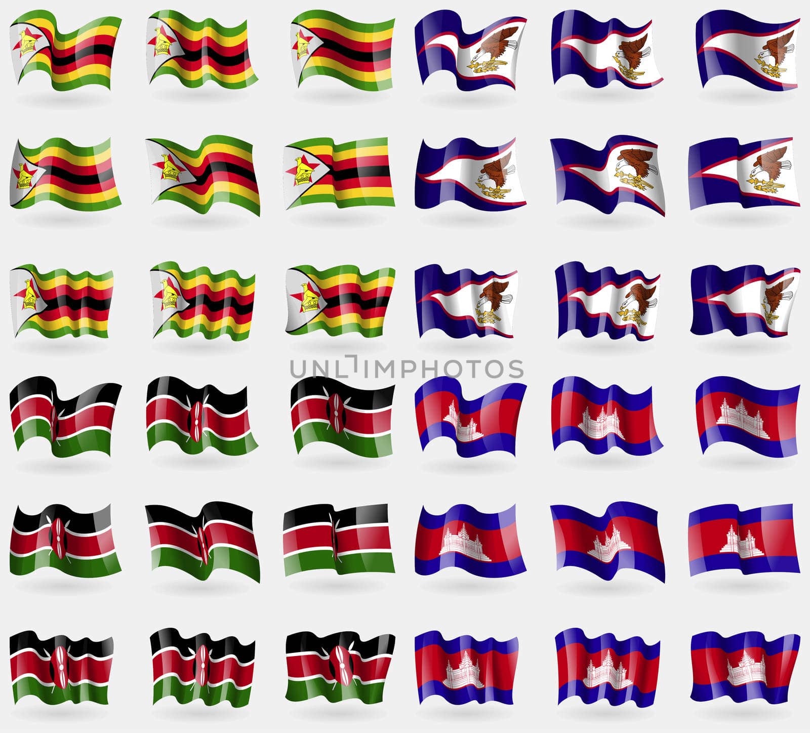 Zimbabwe, American Samoa, Kenya, Cambodia. Set of 36 flags of the countries of the world. illustration