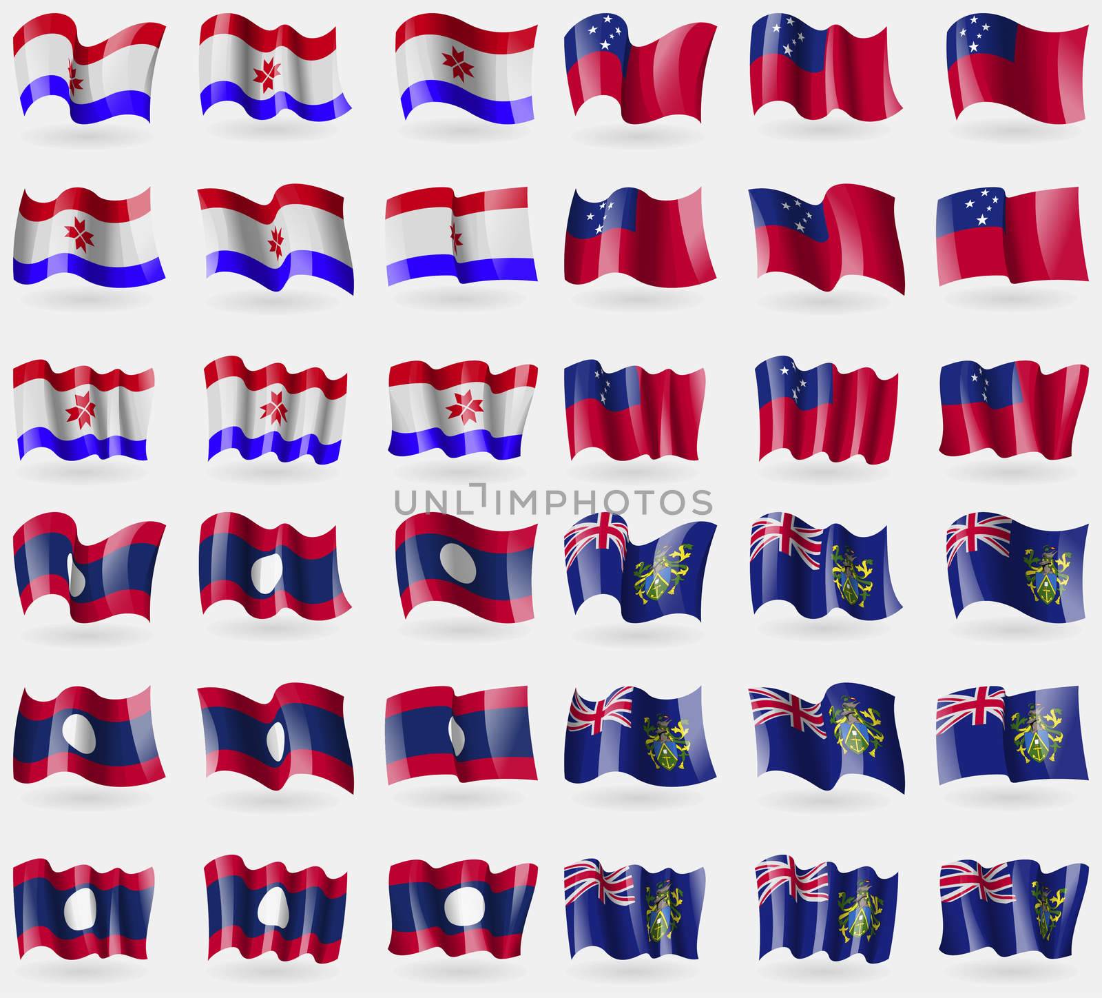 Mordovia, Samoa, Laos, Picairn Islands. Set of 36 flags of the countries of the world. illustration