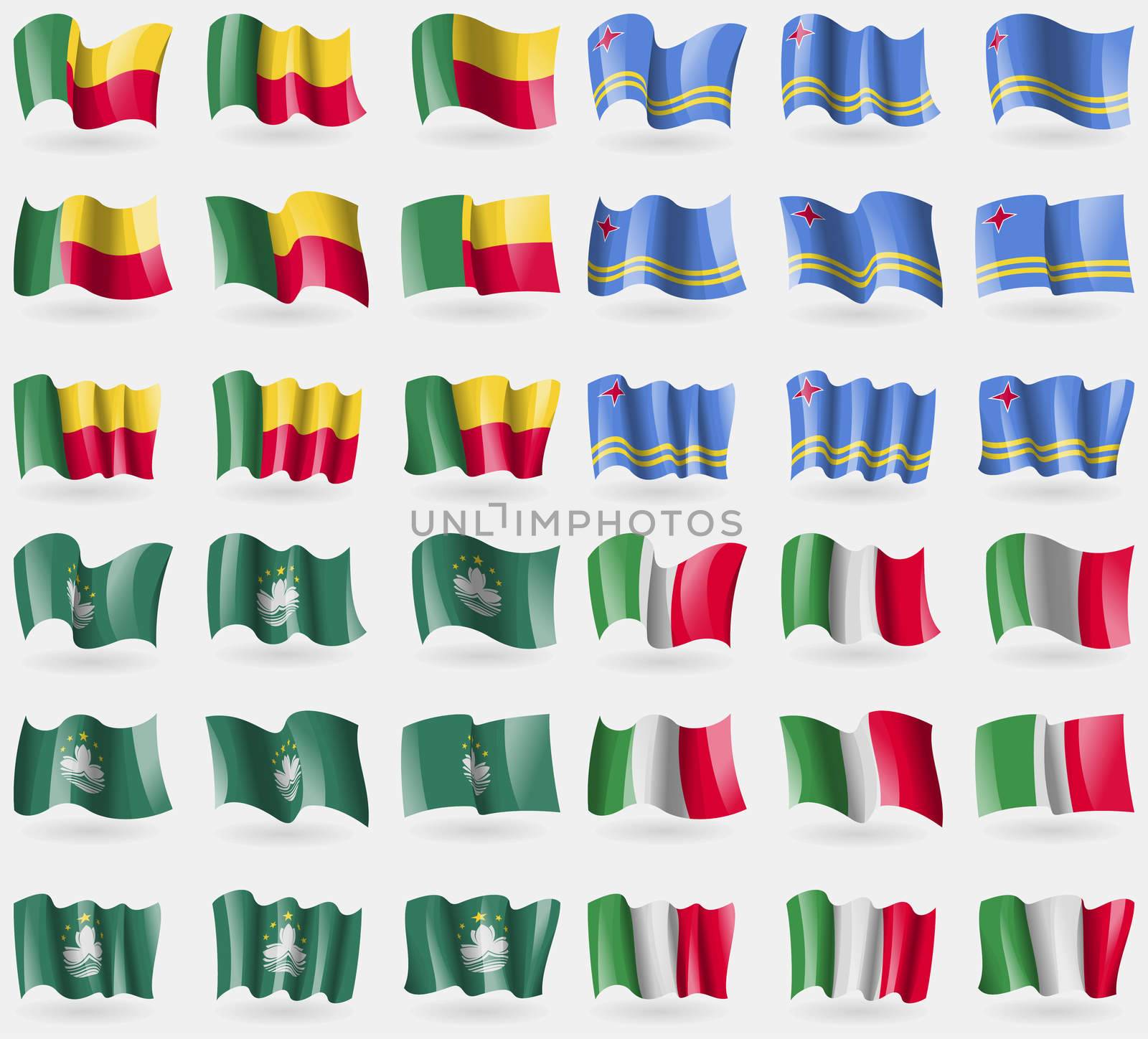 Benin, Aruba, Macau, Italy. Set of 36 flags of the countries of the world. illustration