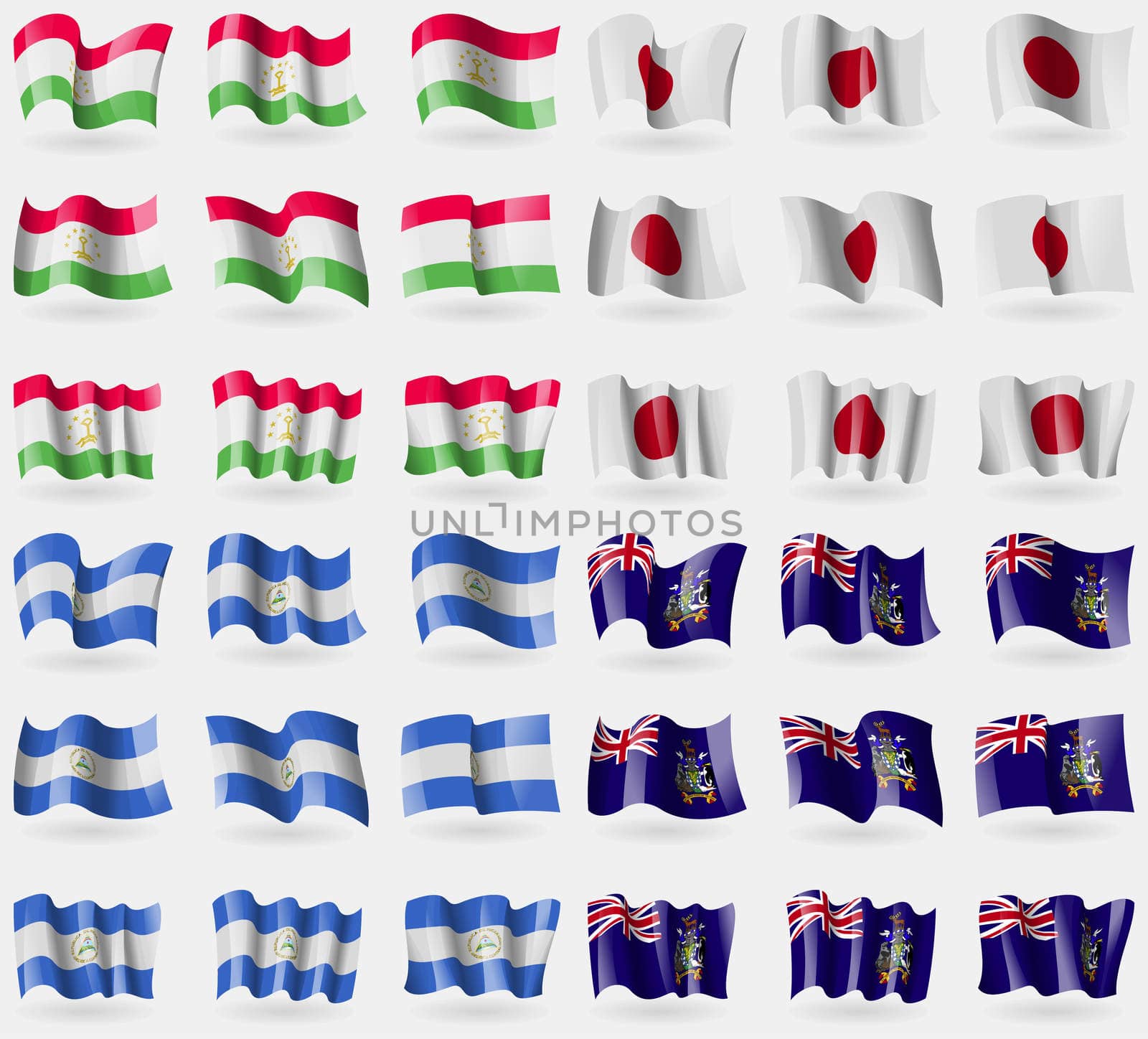 Tajikistan, Japan, Nicaragua, Georgia and Sandwich. Set of 36 flags of the countries of the world.  by serhii_lohvyniuk