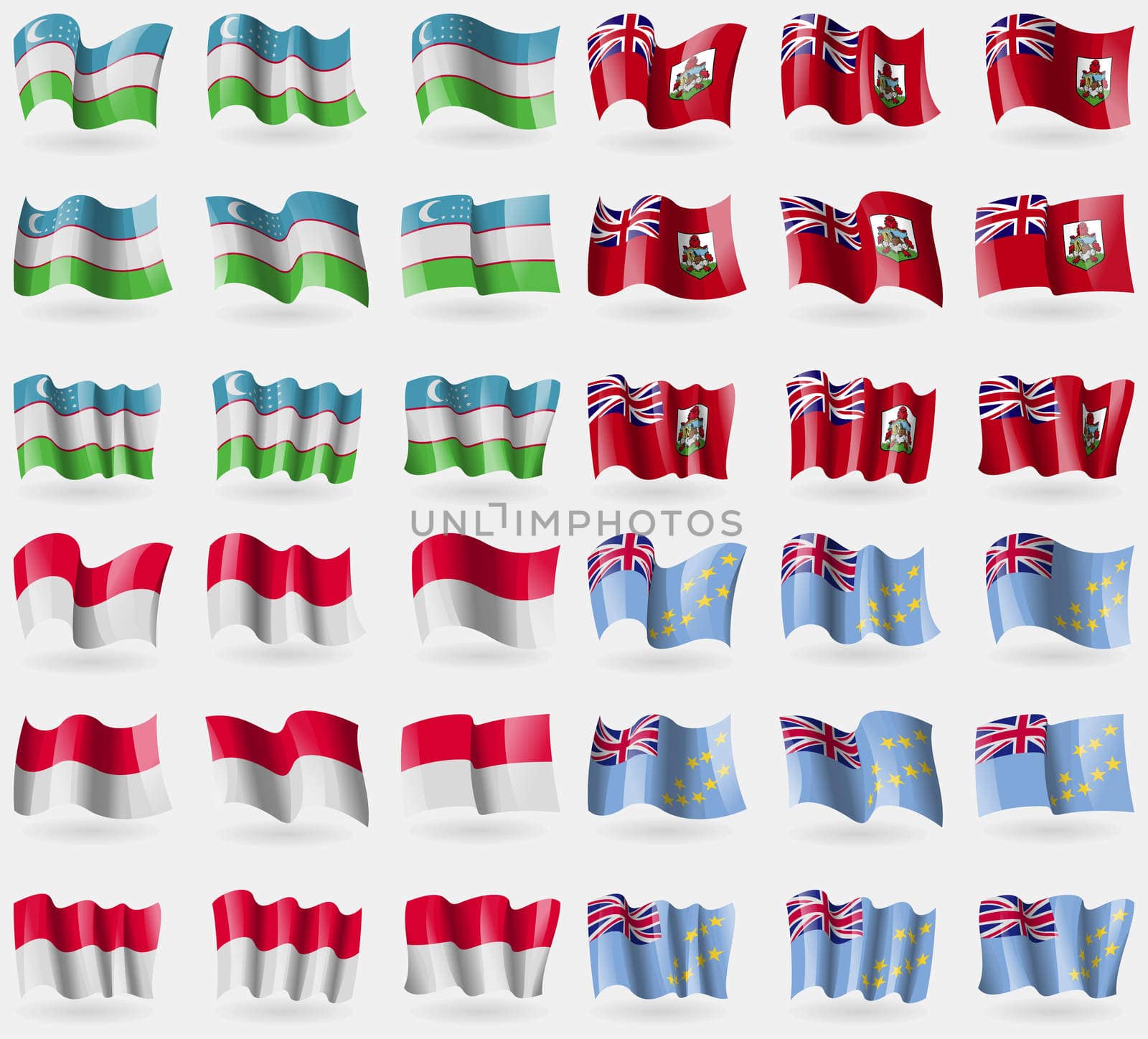 Uzbekistan, Bermuda, Monaco, Tuvalu. Set of 36 flags of the countries of the world.  by serhii_lohvyniuk