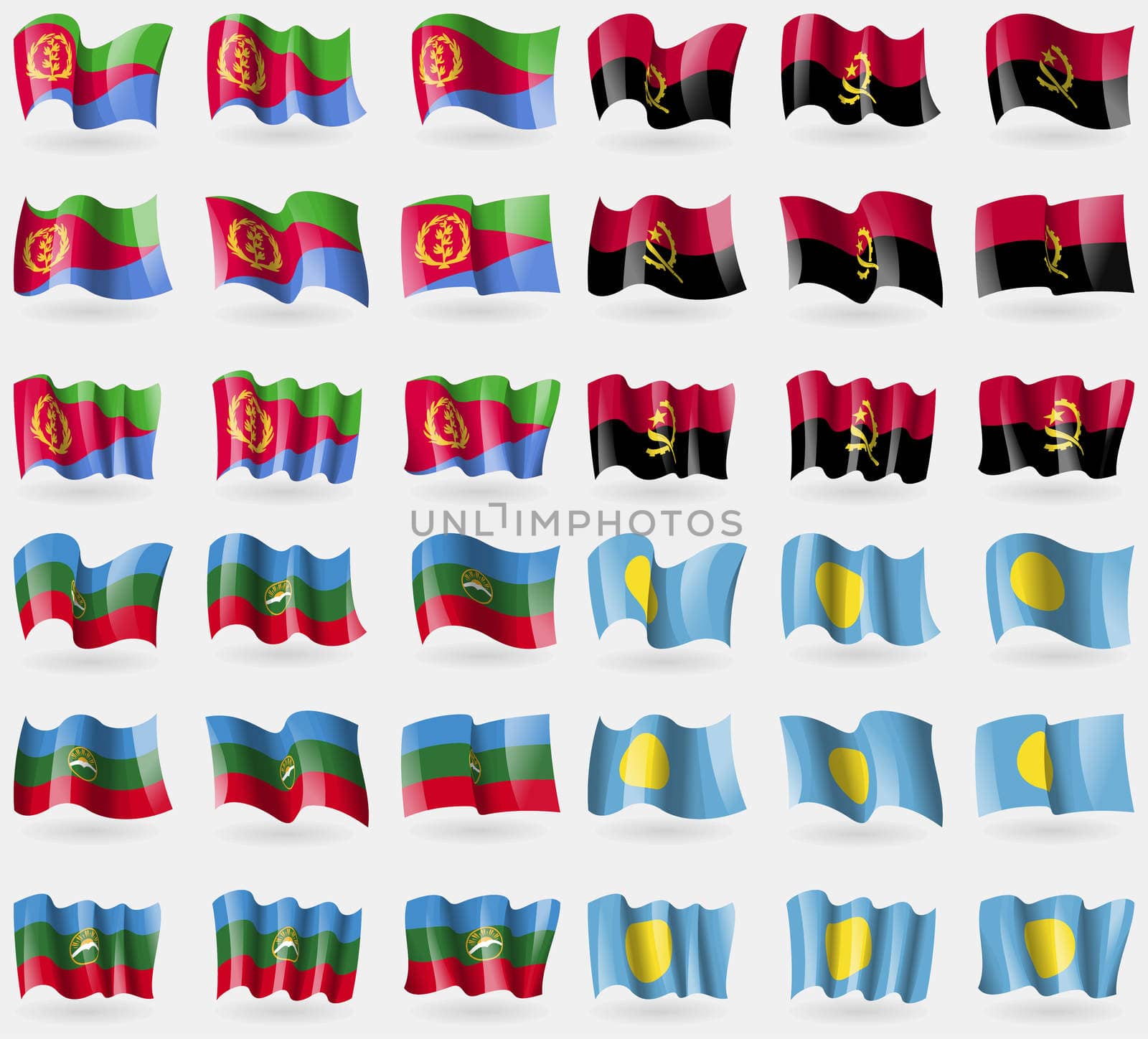 Eritrea, Angola, KarachayCherkessia, Palau. Set of 36 flags of the countries of the world. illustration