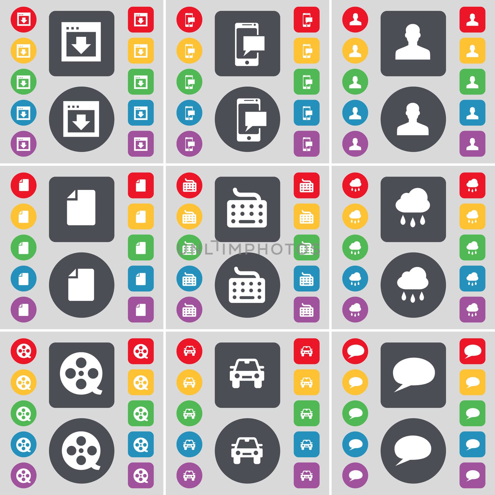 Window, SMS, Avatar, File, Keyboard, Cloud, Videotape, Car, Chat bubble icon symbol. A large set of flat, colored buttons for your design. illustration