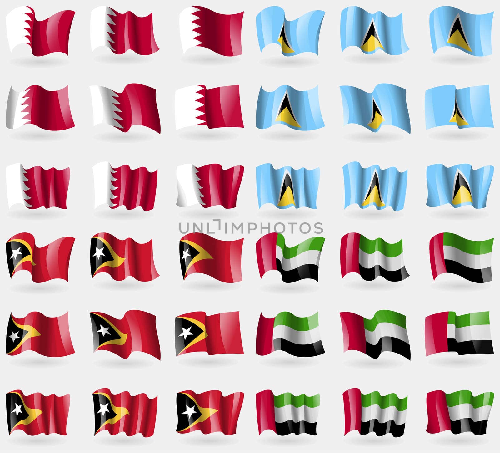 Bahrain, Saint Lucia, East Timor, United Arab Emirates. Set of 36 flags of the countries of the world. illustration