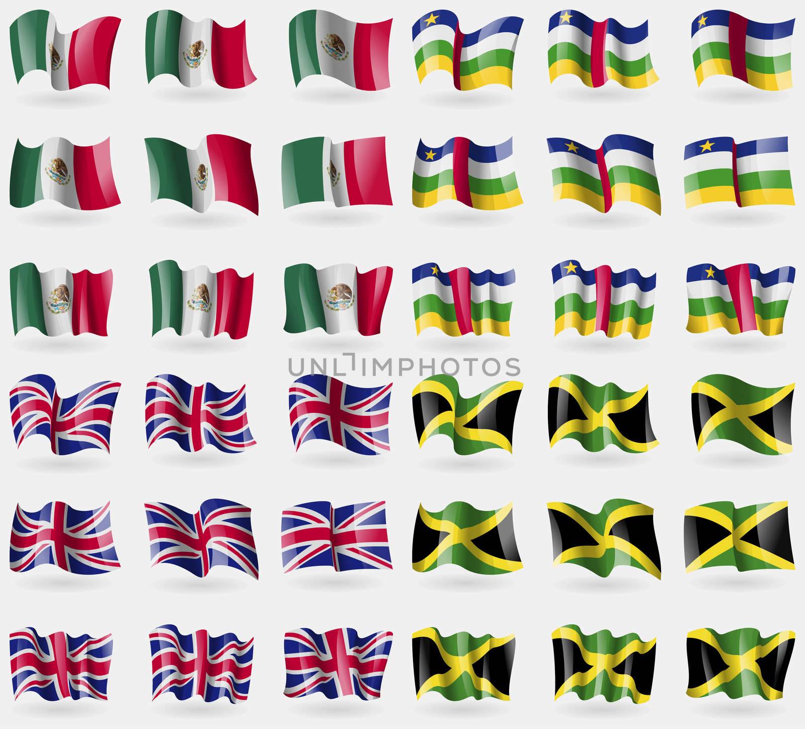 Mexico, Central African Republic, United Kingdom, Jamaica. Set of 36 flags of the countries of the world.  by serhii_lohvyniuk
