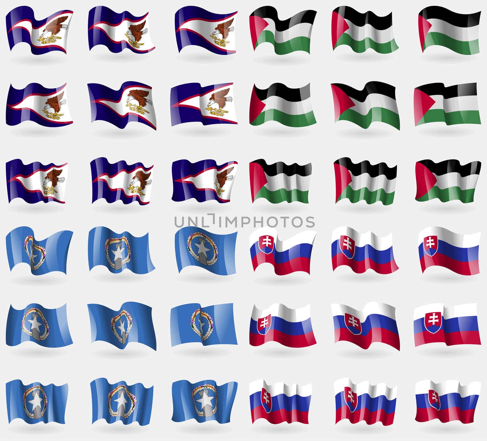 American Samoa, Palestine, Marianna Islands, Slovakia. Set of 36 flags of the countries of the world.  by serhii_lohvyniuk