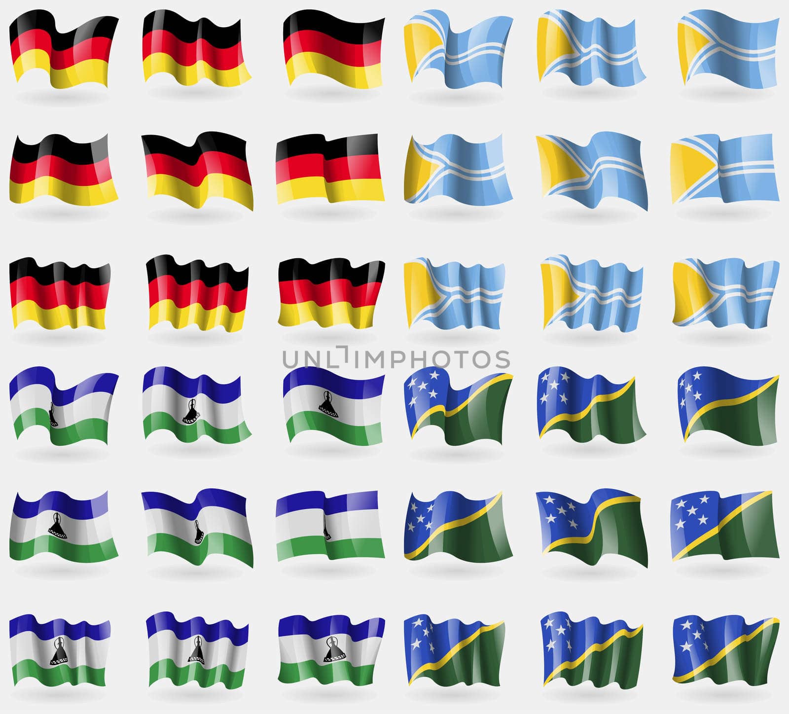 Germany, Tuva, Lesothe, Solomon Islands. Set of 36 flags of the countries of the world. illustration