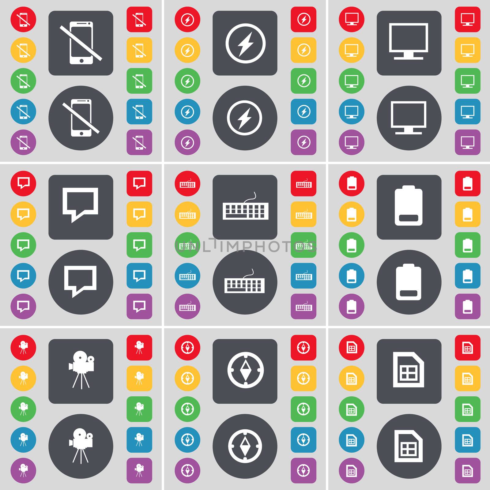 Smartphone, Flash, Monitor, Chat bubble, Keyboard, Battery, Film camera, Compass, File icon symbol. A large set of flat, colored buttons for your design. illustration