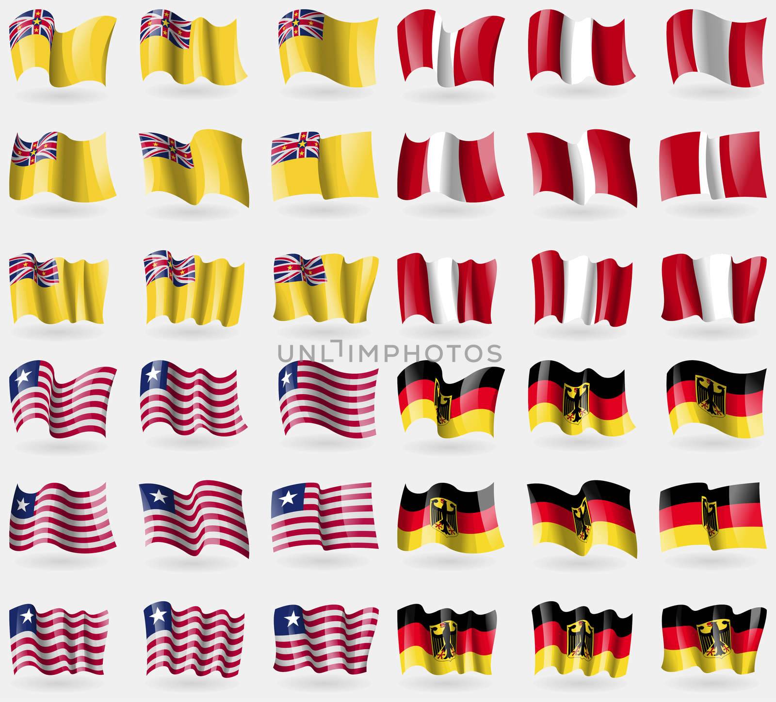 Niue, Peru, Liberia, Germany. Set of 36 flags of the countries of the world.  by serhii_lohvyniuk