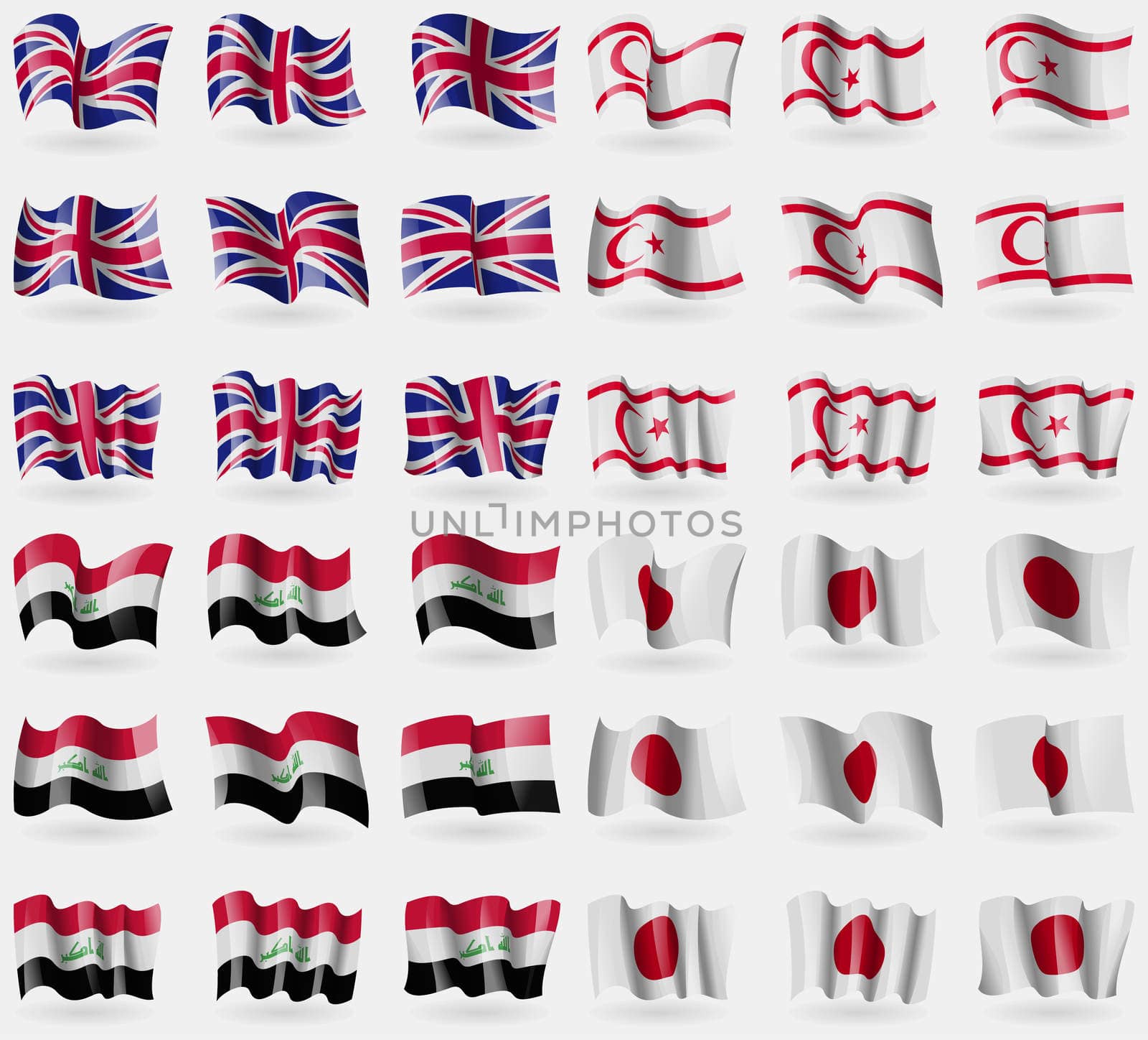 United Kingdom, Turkish Northern Cyprus, Iraq, Japan. Set of 36 flags of the countries of the world. illustration