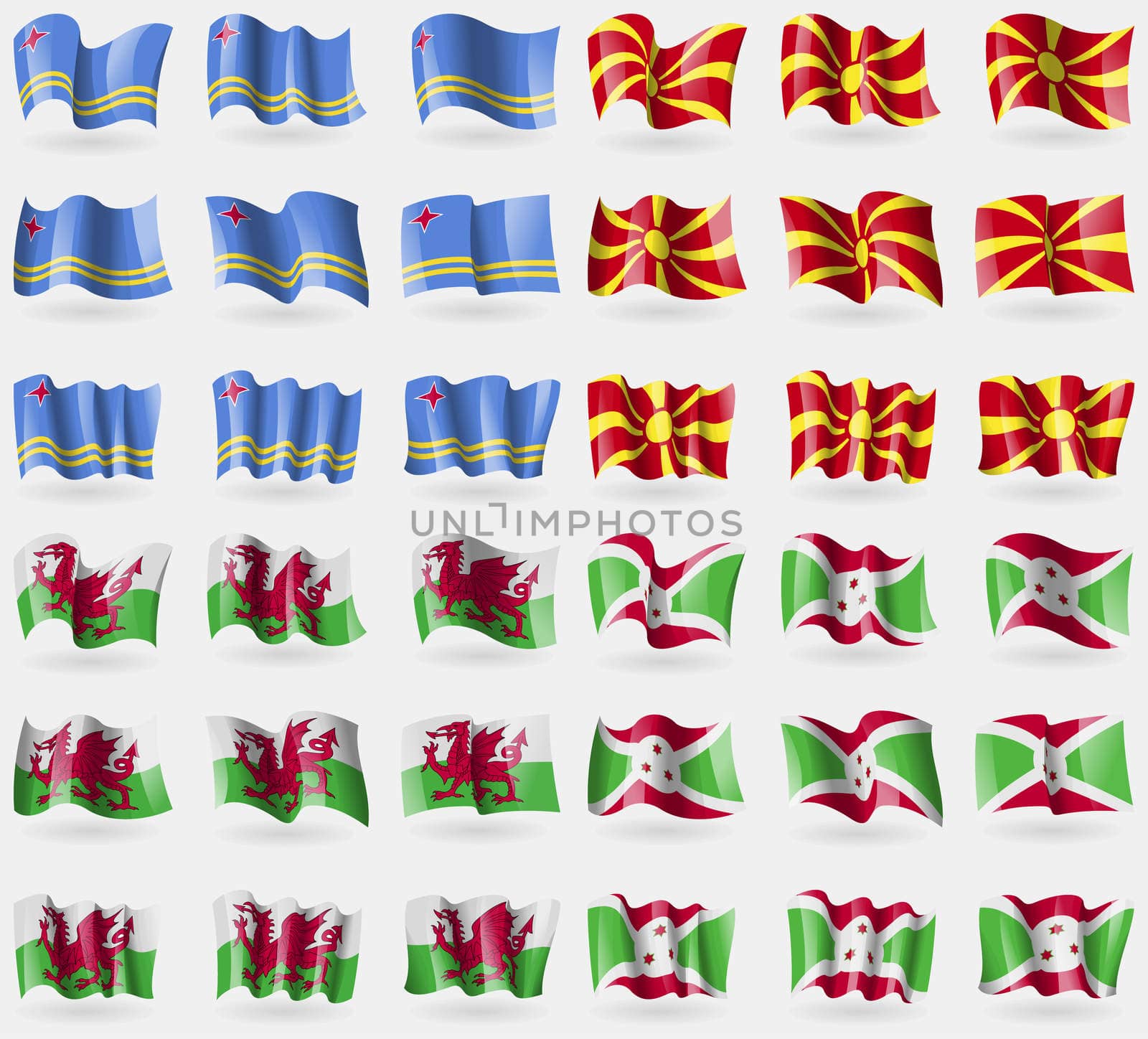 Aruba, Macedonia, Wales, Burundi. Set of 36 flags of the countries of the world.  by serhii_lohvyniuk