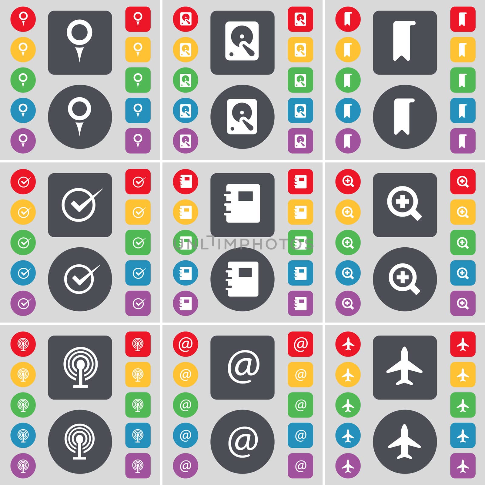 Checkpoint, Hard drive, Marker, Tick, Notebook, Magnifying glass, Wi-Fi, Mail, Airplane icon symbol. A large set of flat, colored buttons for your design.  by serhii_lohvyniuk