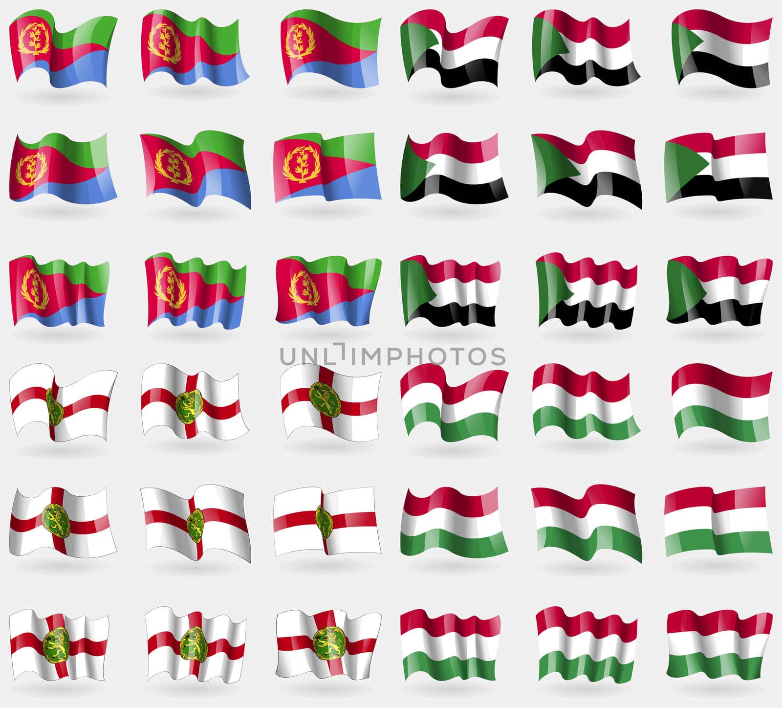 Eritrea, Sudan, Alderney, Hungary. Set of 36 flags of the countries of the world. illustration