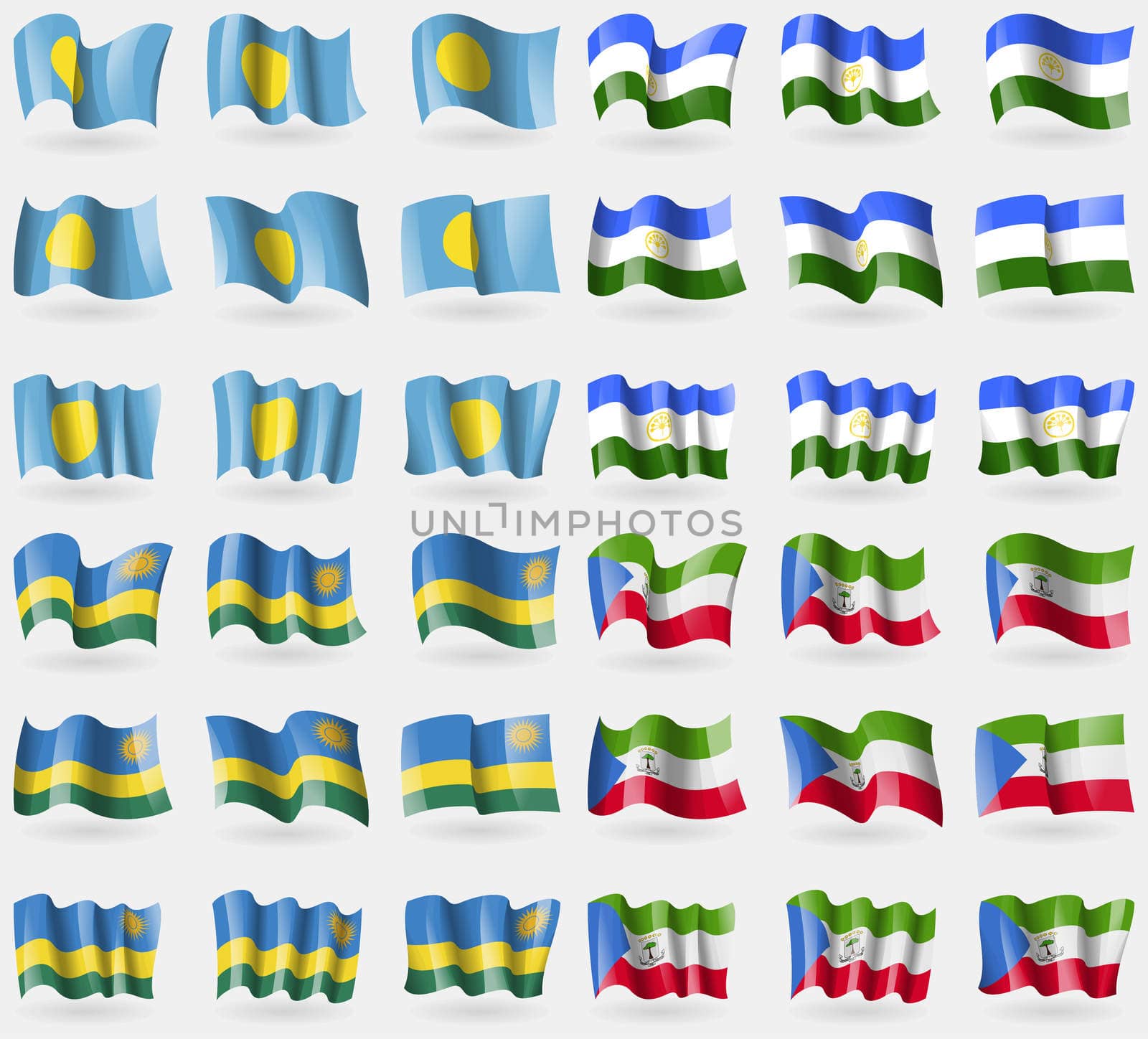 Palau, Bashkortostan, Rwanda, Equatorial Guinea. Set of 36 flags of the countries of the world.  by serhii_lohvyniuk