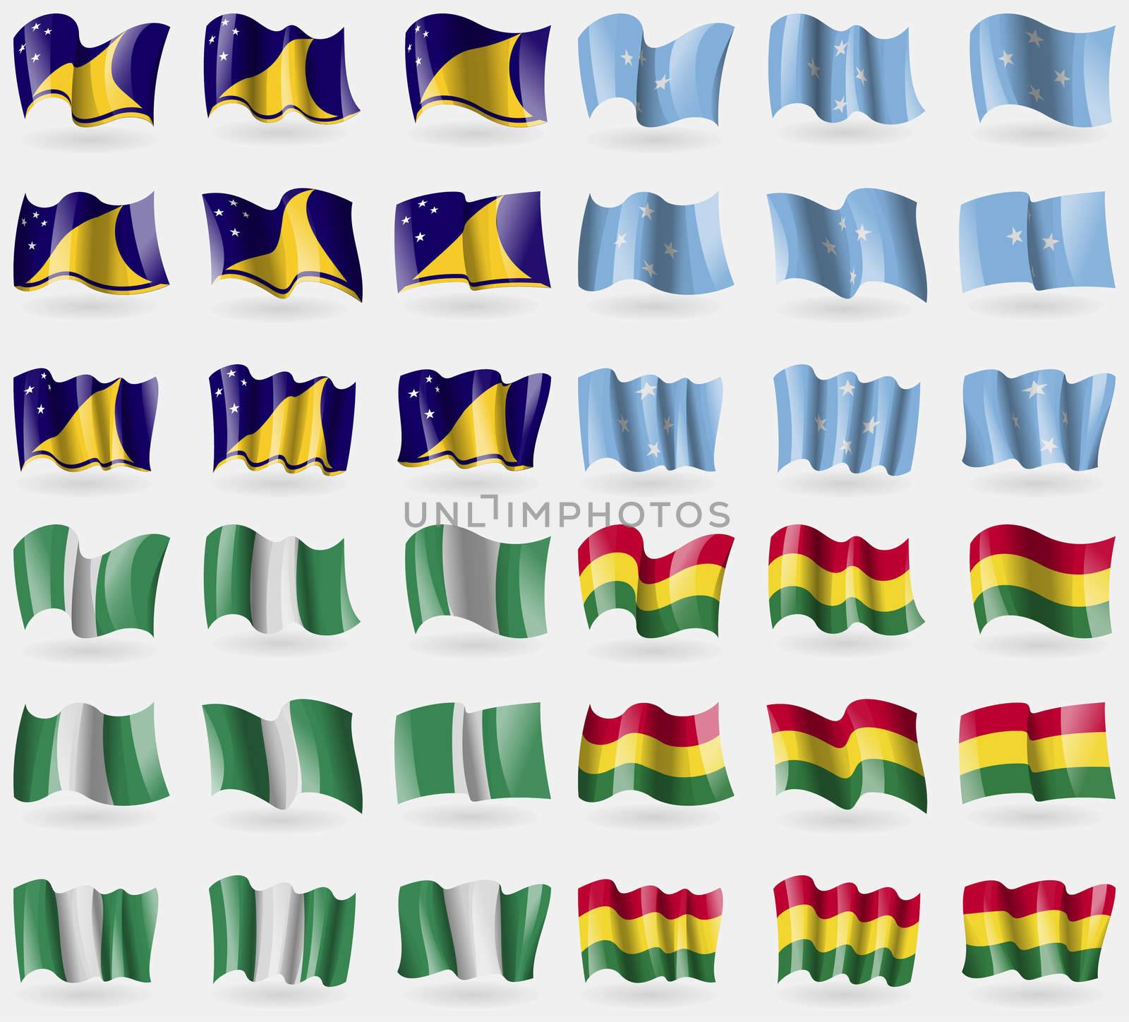 Tokelau, Micronesia, Nigeria, Bolivia. Set of 36 flags of the countries of the world.  by serhii_lohvyniuk