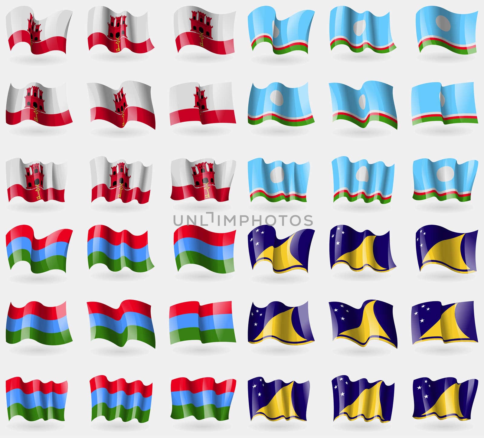 Gibraltar, Sakha Republic, Karelia, Tokelau. Set of 36 flags of the countries of the world. illustration