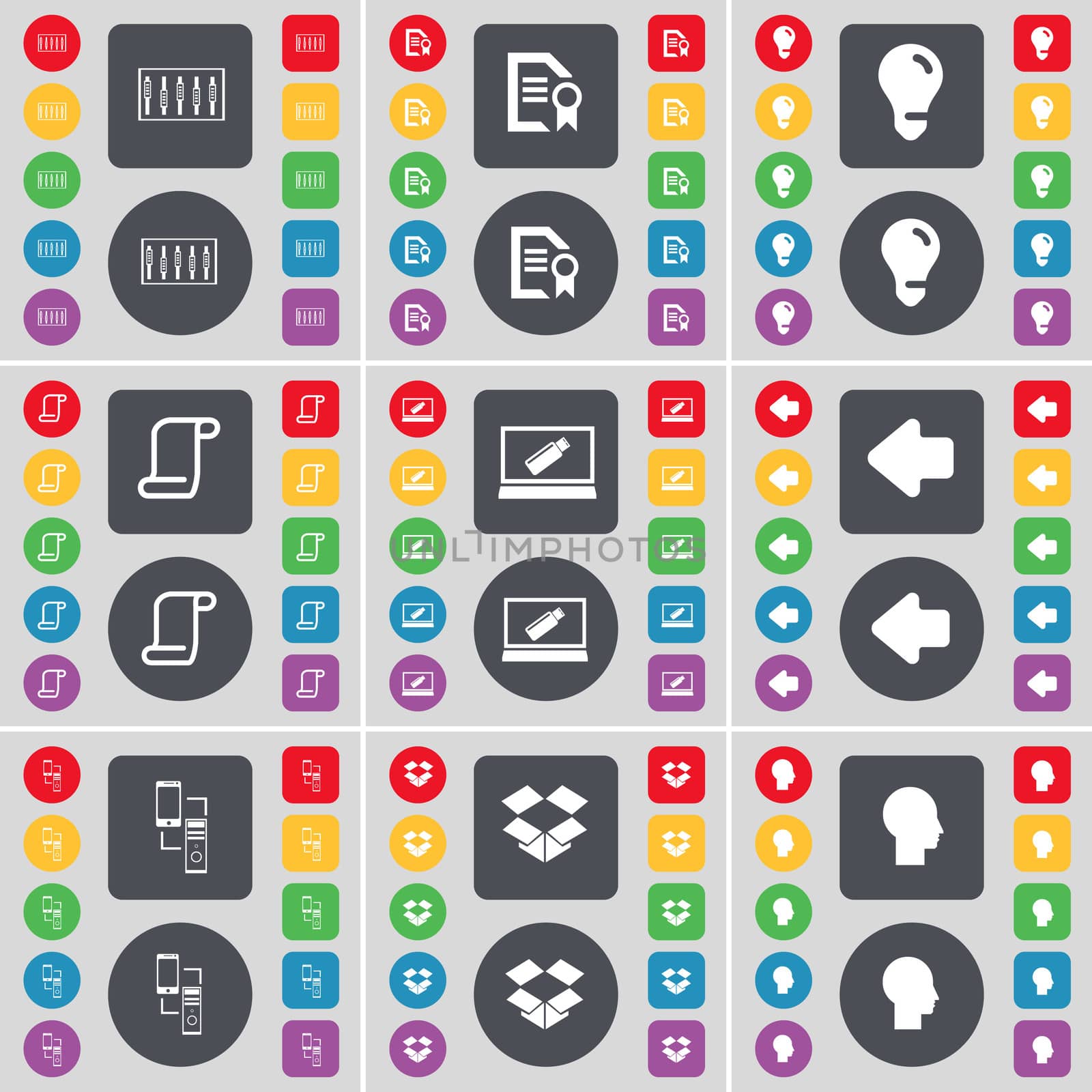 Equalizer, Text file, Light bulb, Scroll, Laptop, Arrow left, Connection, Drop, Silhouette icon symbol. A large set of flat, colored buttons for your design. illustration