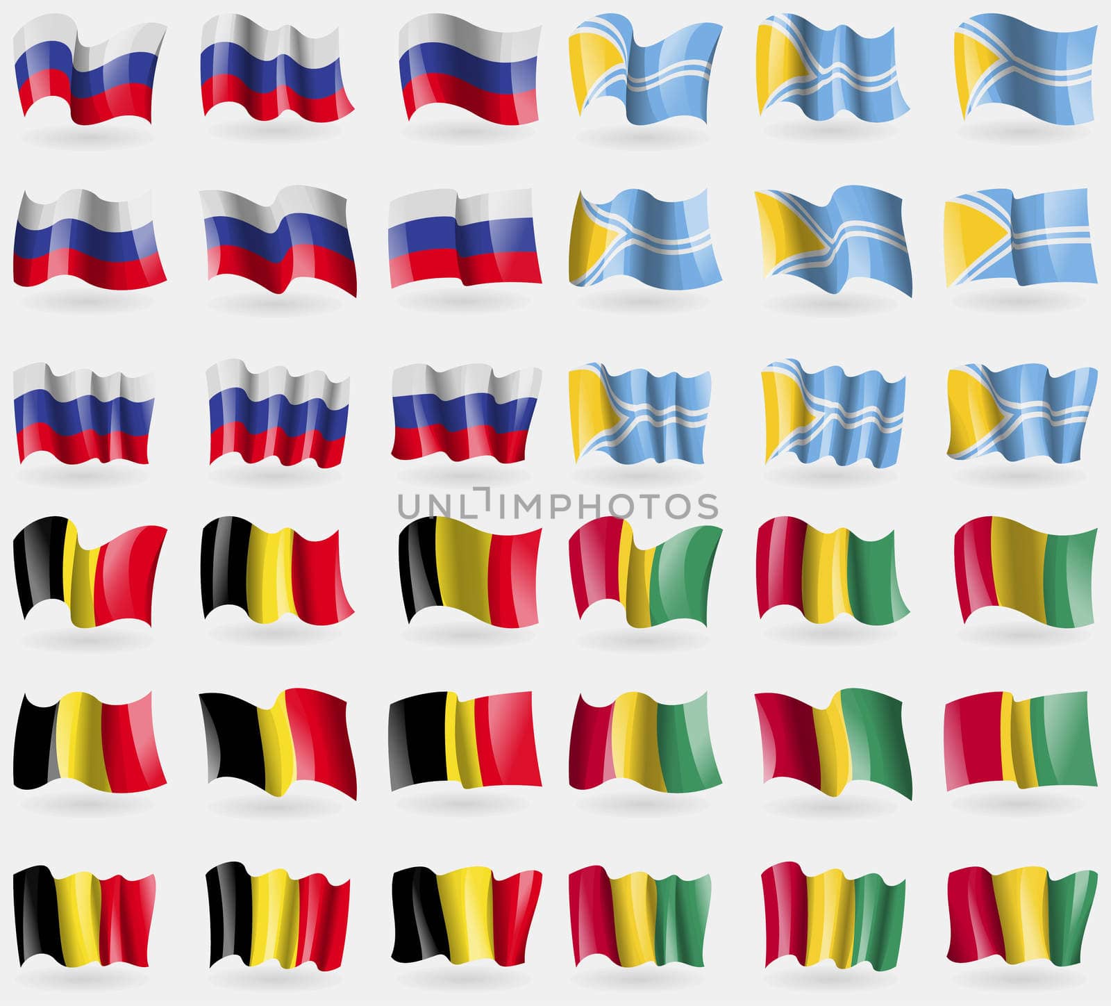 Russia, Tuva, Belgium, Guinea. Set of 36 flags of the countries of the world. illustration