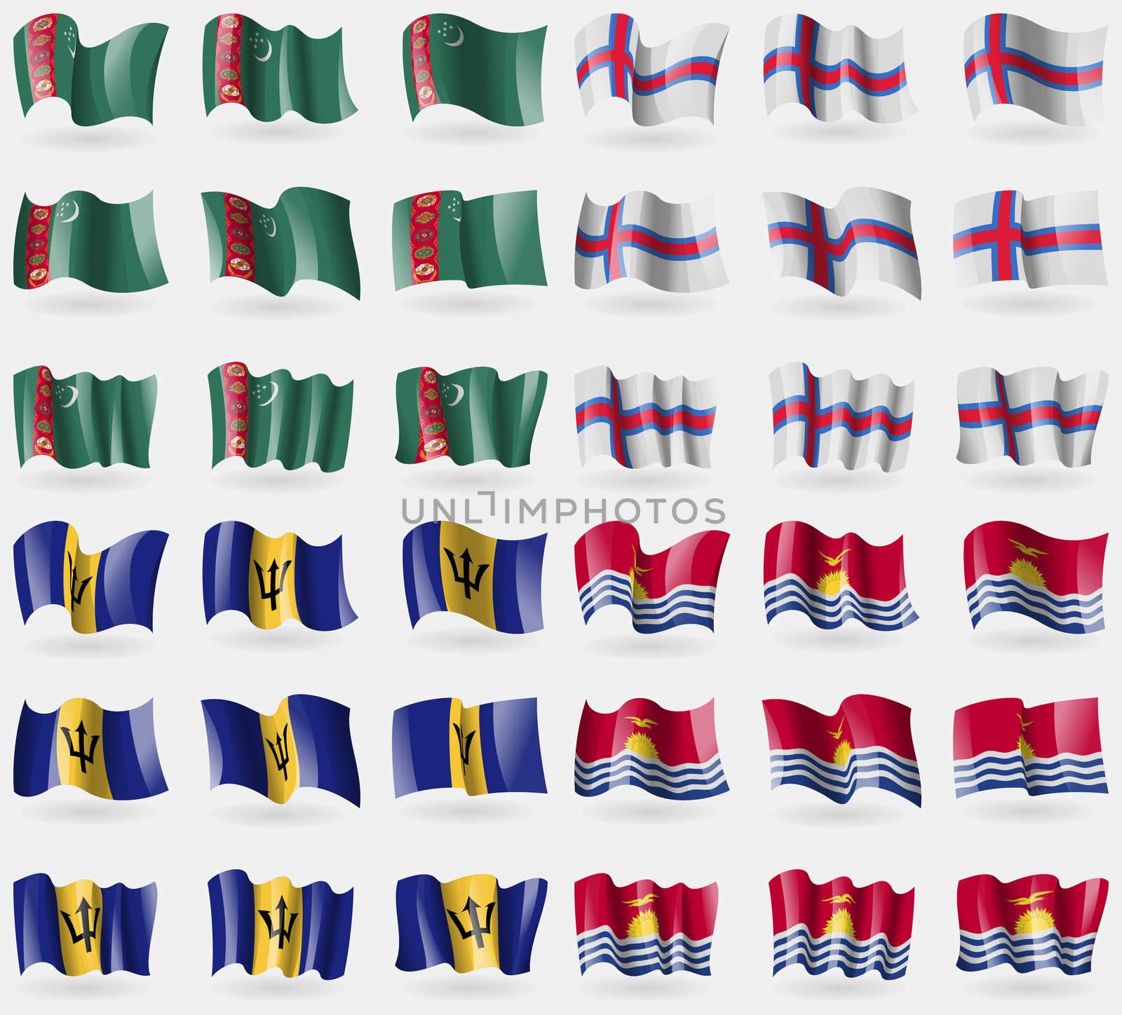 Turkmenistan, Faroe Islands, Barbados, Kiribati. Set of 36 flags of the countries of the world. illustration