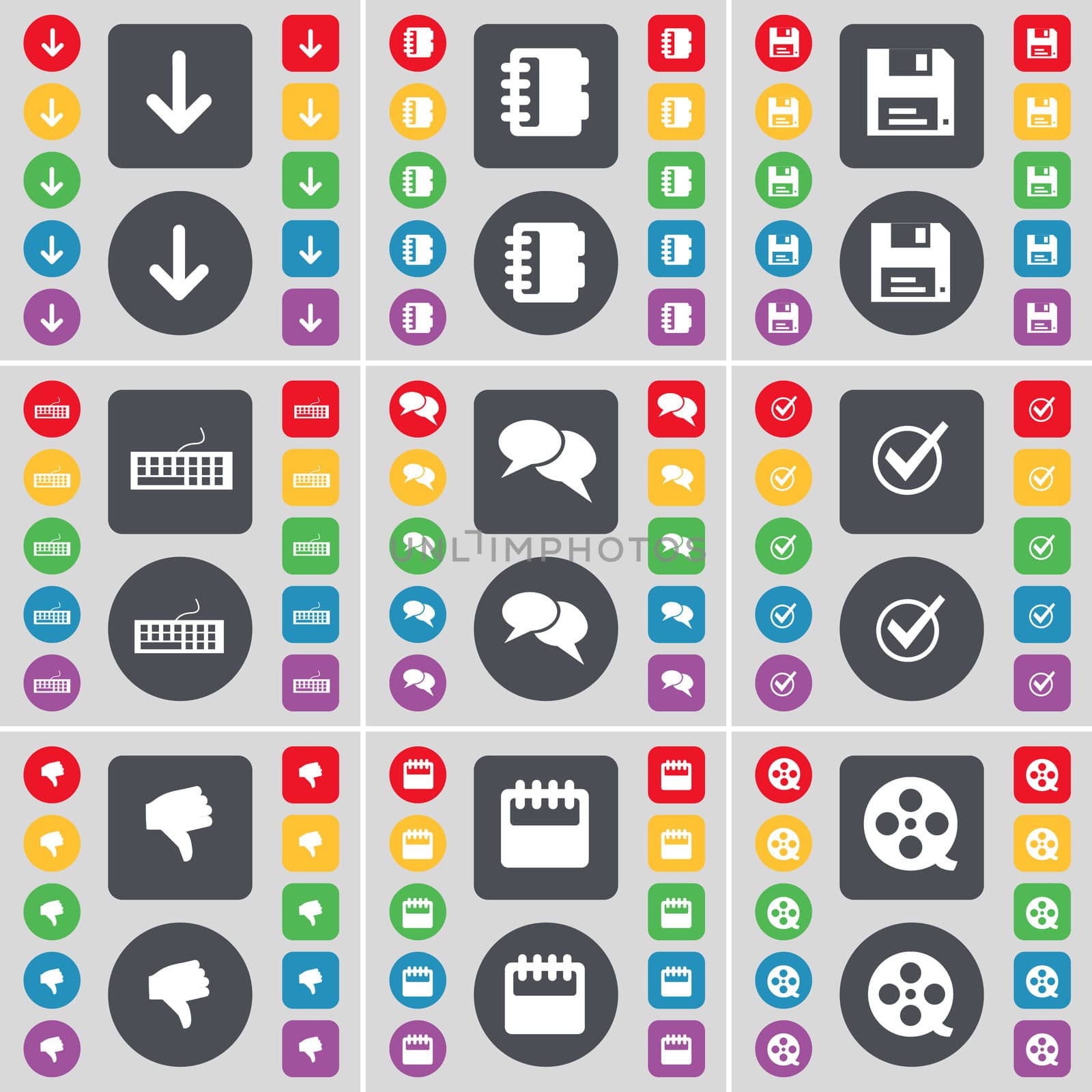 Arrow down, Notebook, Floppy, Keyboard, Chat, Tick, Dislike, Calendar, Videotape icon symbol. A large set of flat, colored buttons for your design. illustration