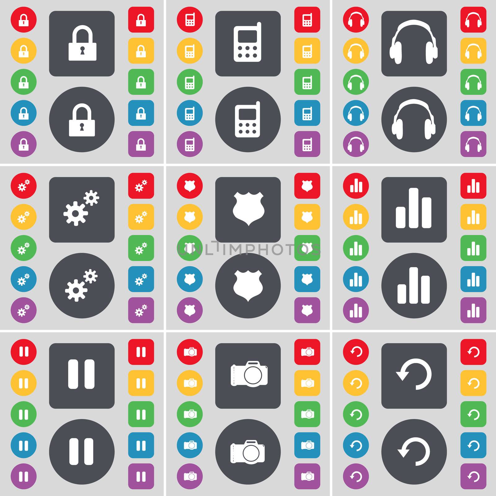 Lock, Mobile phone, Headphones, Gear, Police badge, Diagram, Pause, Camera, Reload icon symbol. A large set of flat, colored buttons for your design. illustration