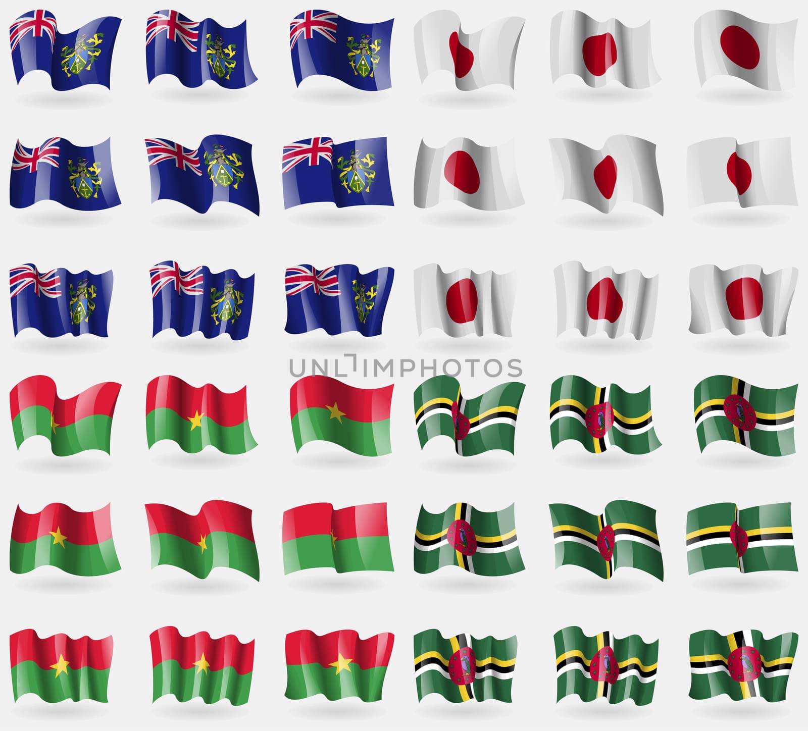 Pitcairn Islands, Japan, Burkia Faso, Dominica. Set of 36 flags of the countries of the world. illustration