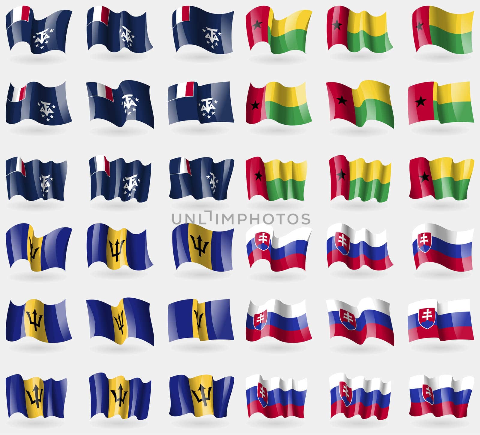 French and Antarctic, GuineaBissau, Barbados, Slovakia. Set of 36 flags of the countries of the world. illustration