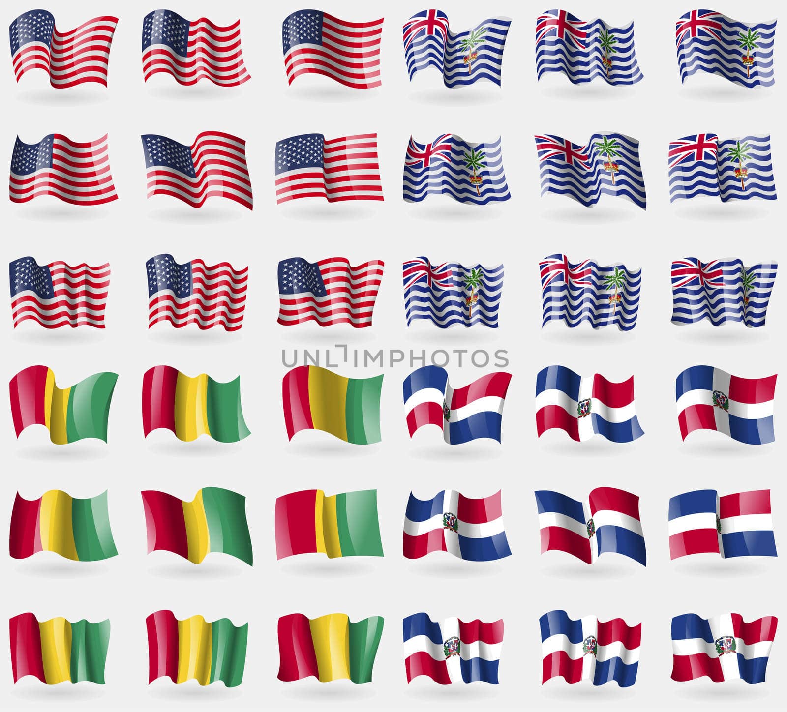 USA, British Indian Ocean Territory, Guinea, Dominican Republic. Set of 36 flags of the countries of the world.  by serhii_lohvyniuk