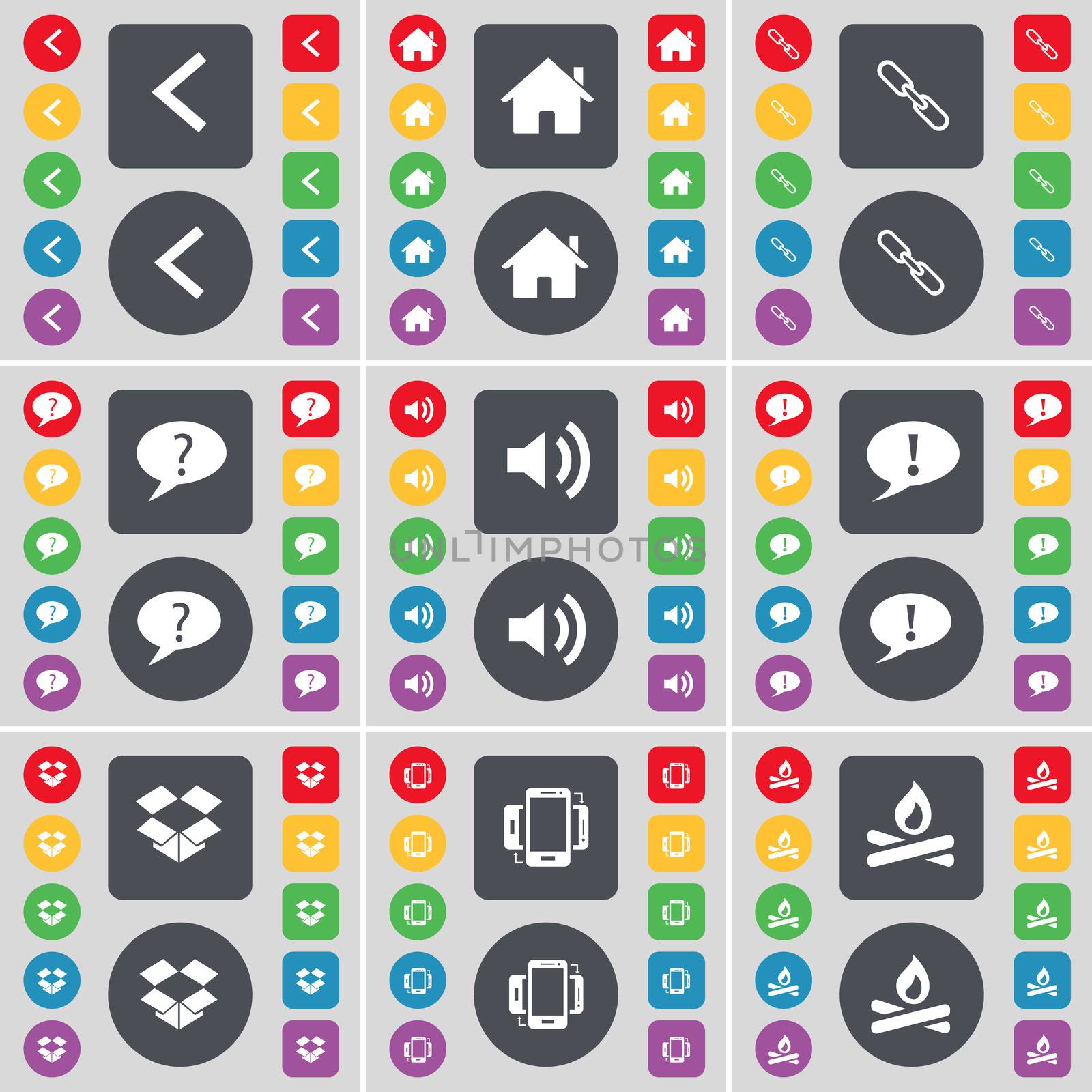 Arrow left, House, Link, Chat bubble, Sound, Dropbox, Smartphone, Campfire icon symbol. A large set of flat, colored buttons for your design. illustration