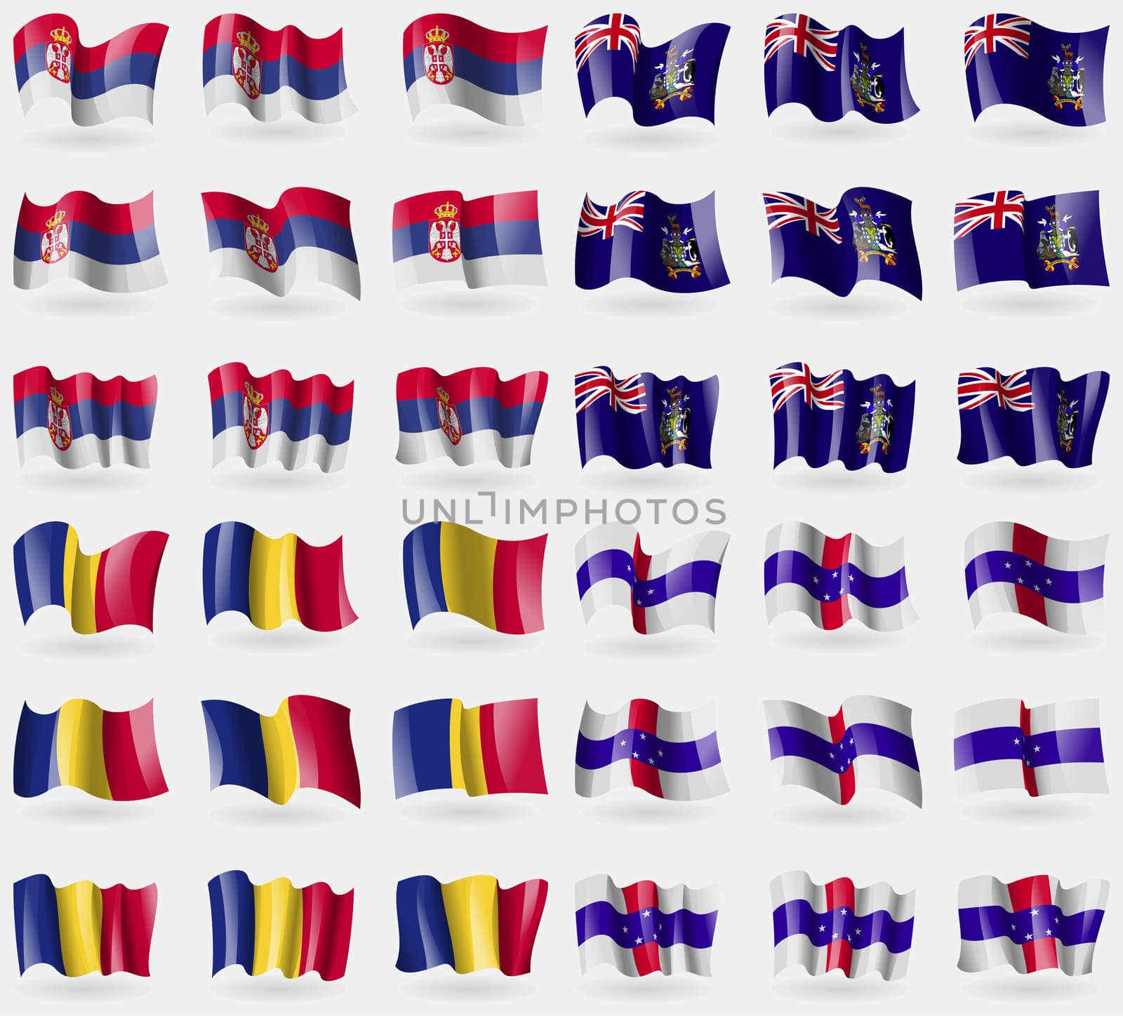 Serbia, Georgia and Sandwich, Romania, Netherlands Antilles. Set of 36 flags of the countries of the world.  by serhii_lohvyniuk