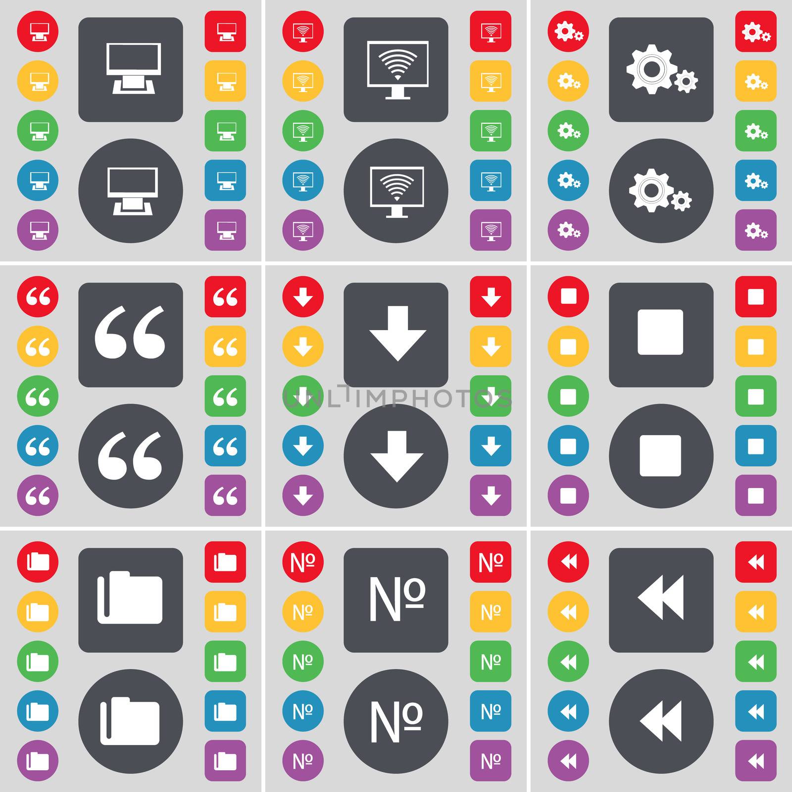 Monitor, Gear, Quotation mark, Arrow down, Media stop, Folder, Number, Rewind icon symbol. A large set of flat, colored buttons for your design. illustration