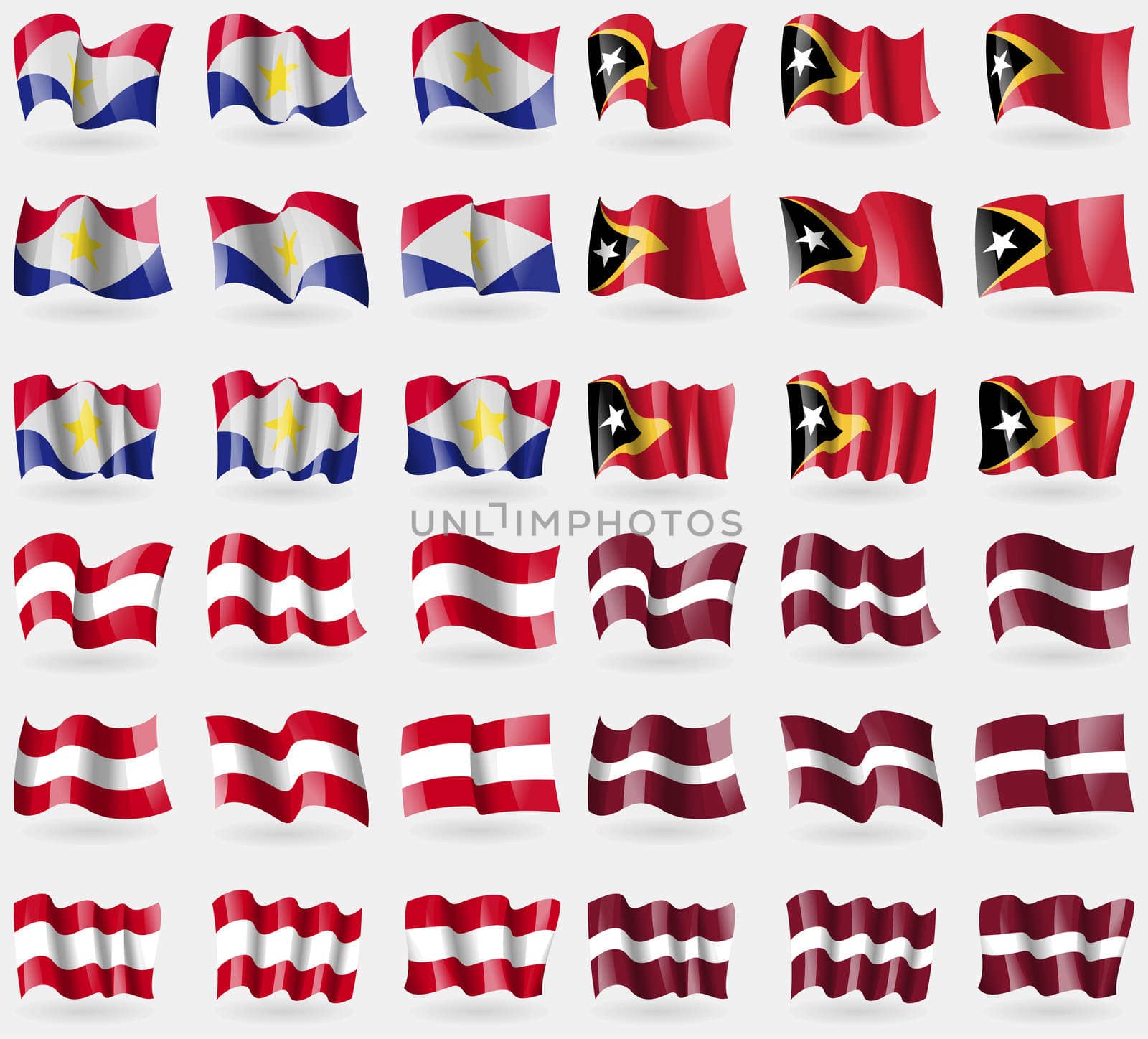 Saba, East Timor, Austria, Latvia. Set of 36 flags of the countries of the world. illustration