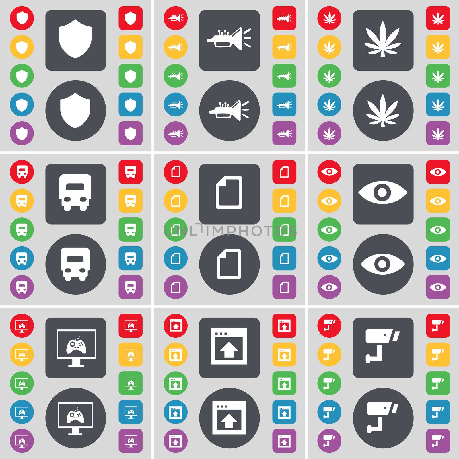 Badge, Trumped, Marijuana, Truck, File, Vision, Monitor, Window, CCTV icon symbol. A large set of flat, colored buttons for your design. illustration